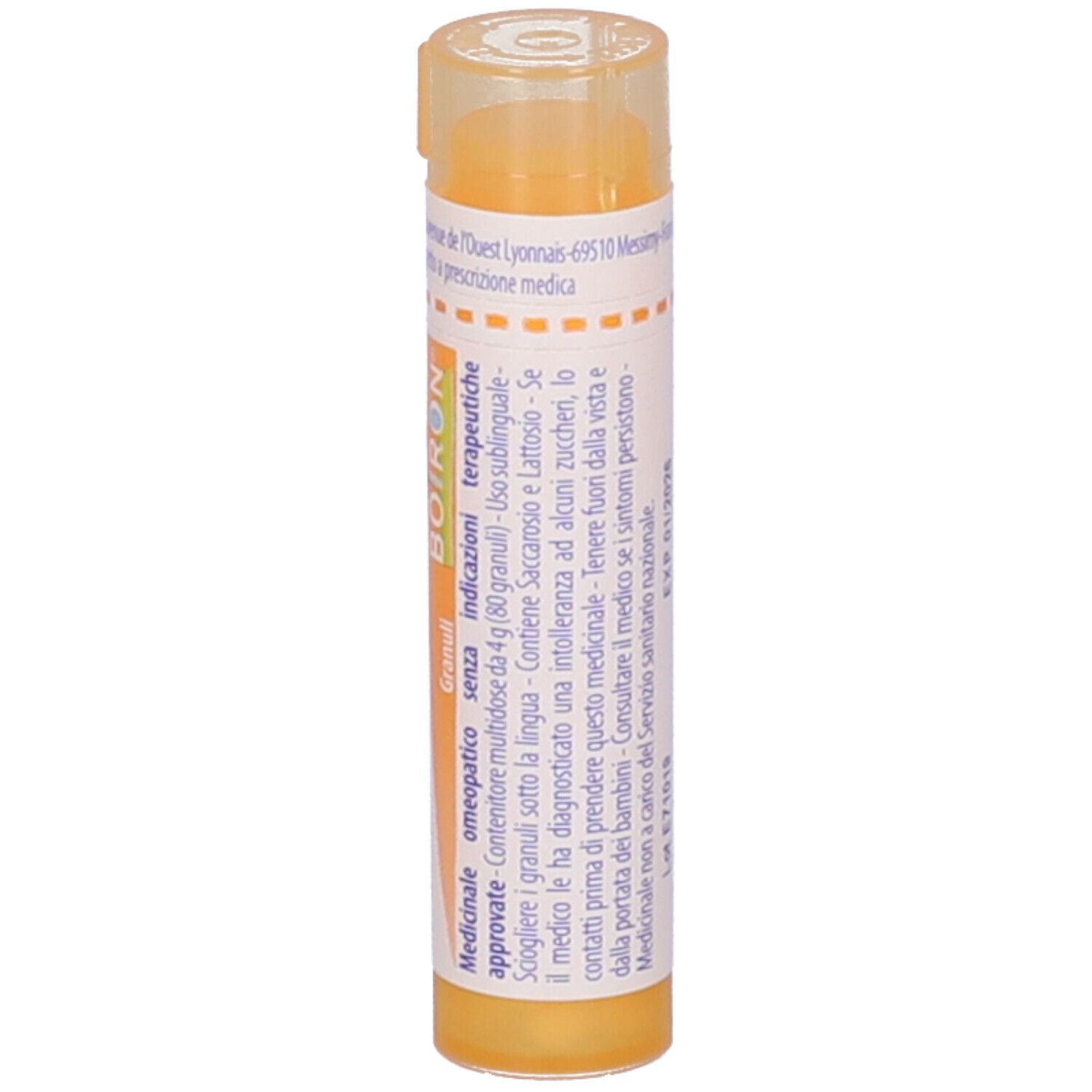 Confezione cilindrica gialla con etichetta bianca. Scritta: Stramonium 15 ch, Boiron. Granuli.