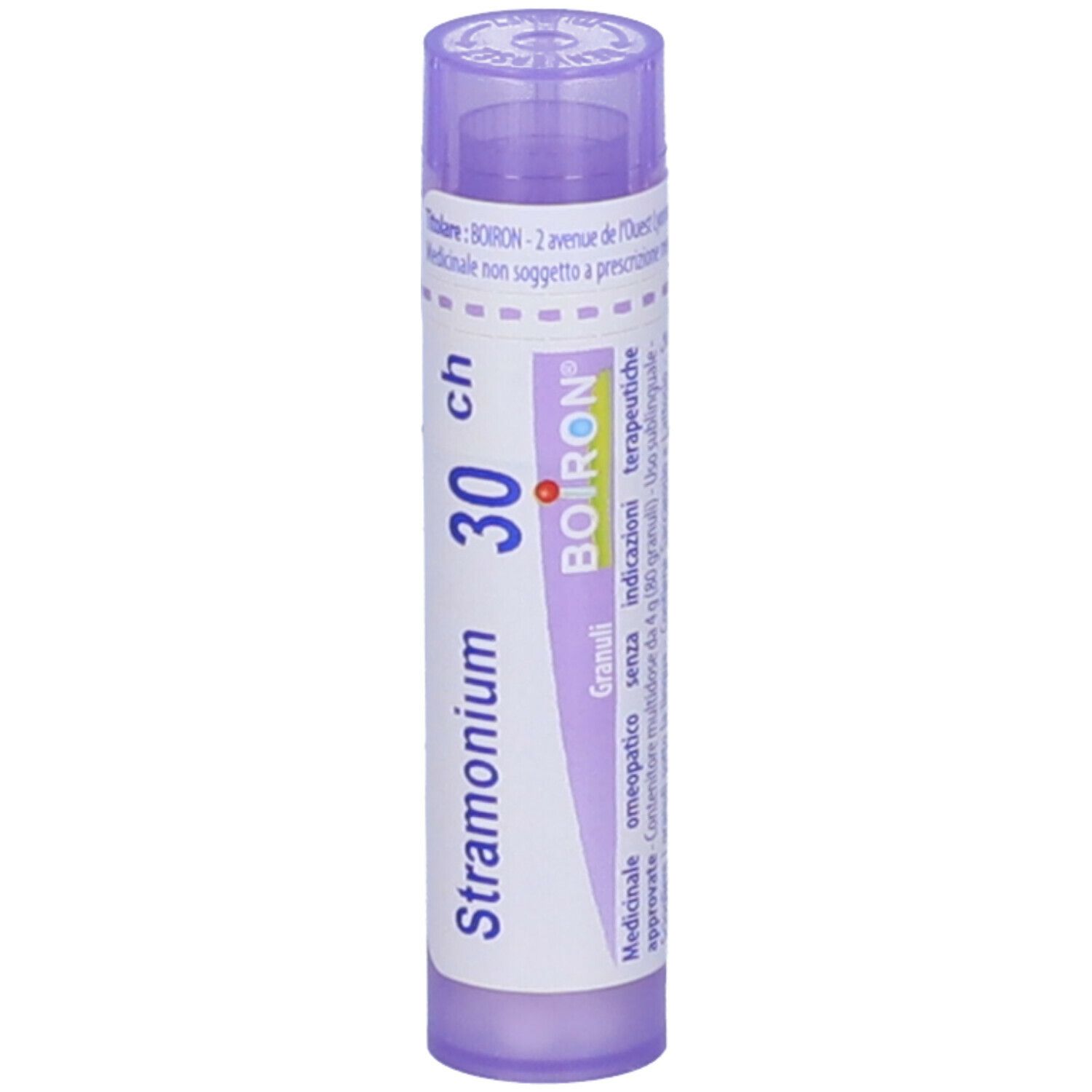 Flacone viola con etichetta bianca. Scritto: Stramonium 30 ch, BOIRON. Un coperchio in alto.