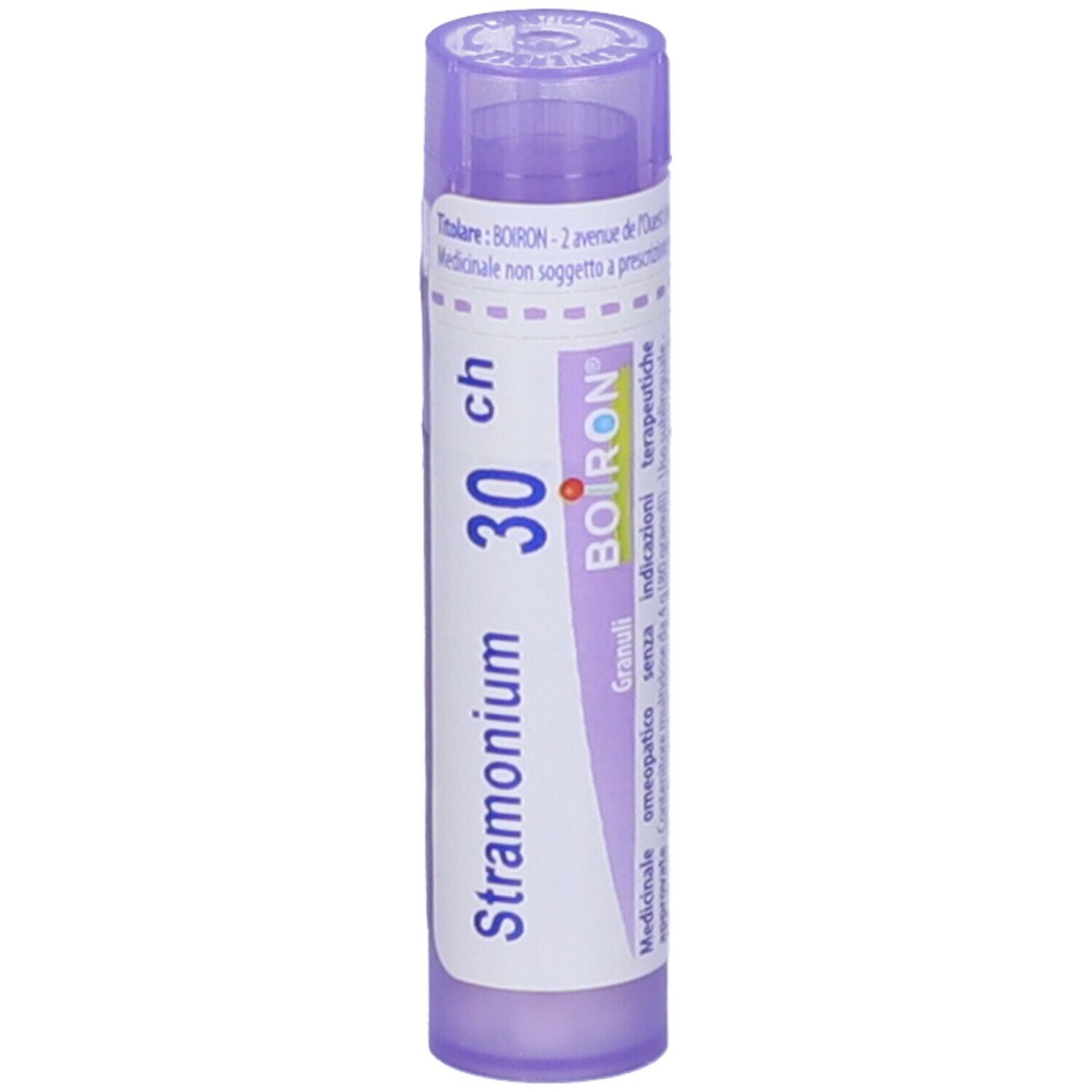 Flacone viola con etichetta bianca. Scritto: Stramonium 30 ch, BOIRON, Granuli.
