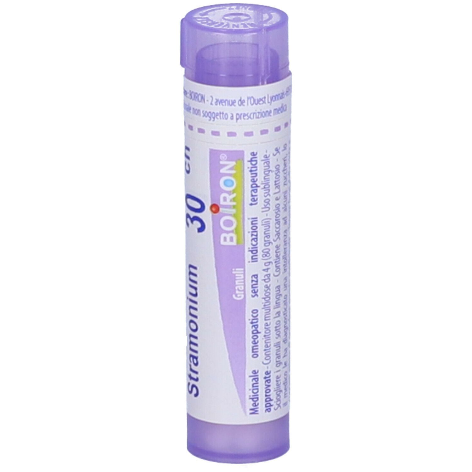 Flacone viola con etichetta bianca. Scritto: Stramonium 30 ch, BOIRON, Granuli. Contiene granuli.