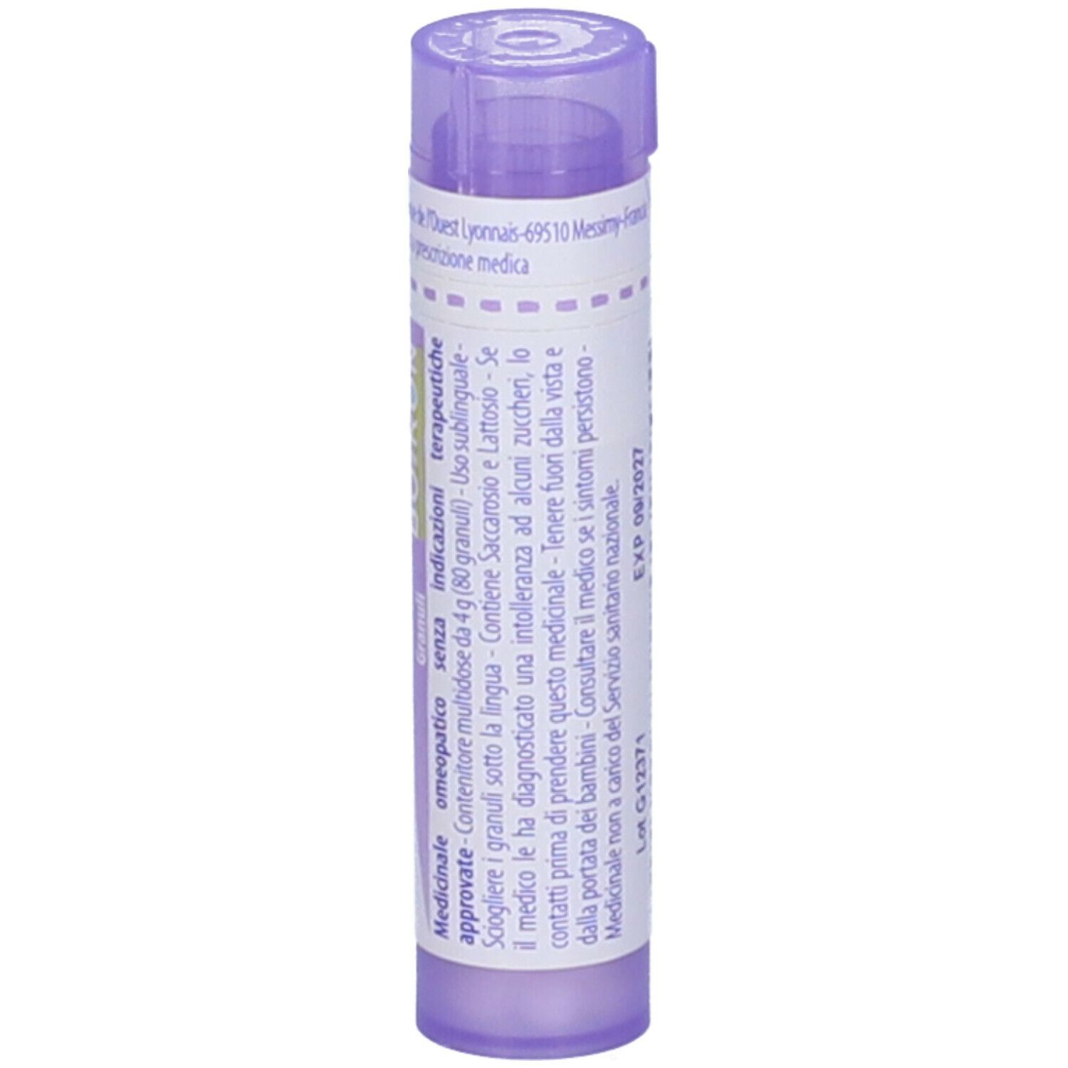 Flacone viola con etichetta bianca. Scritto: Stramonium 30 ch. Contiene granuli. Ulteriori informazioni.