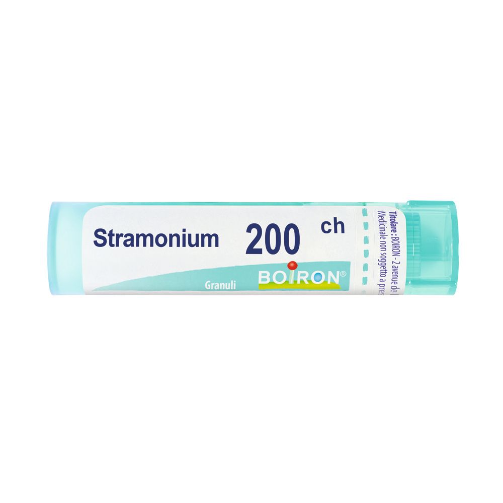 Confezione cilindrica con 'Stramonium 200 ch' e 'Boiron'. Colori turchese e bianco.