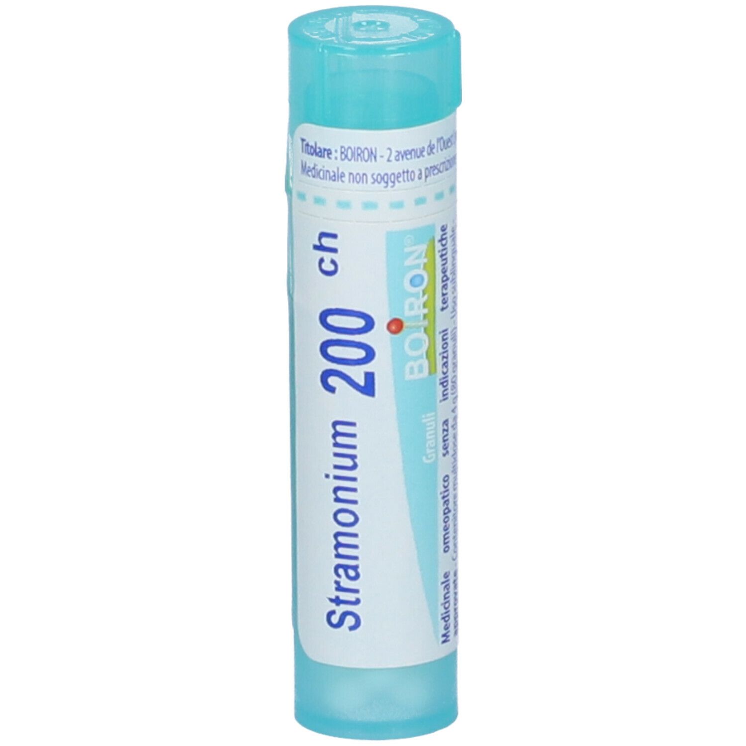 Confezione cilindrica con 'Stramonium 200 ch' e 'Boiron'. Colori turchese e bianco. Vista verticale.
