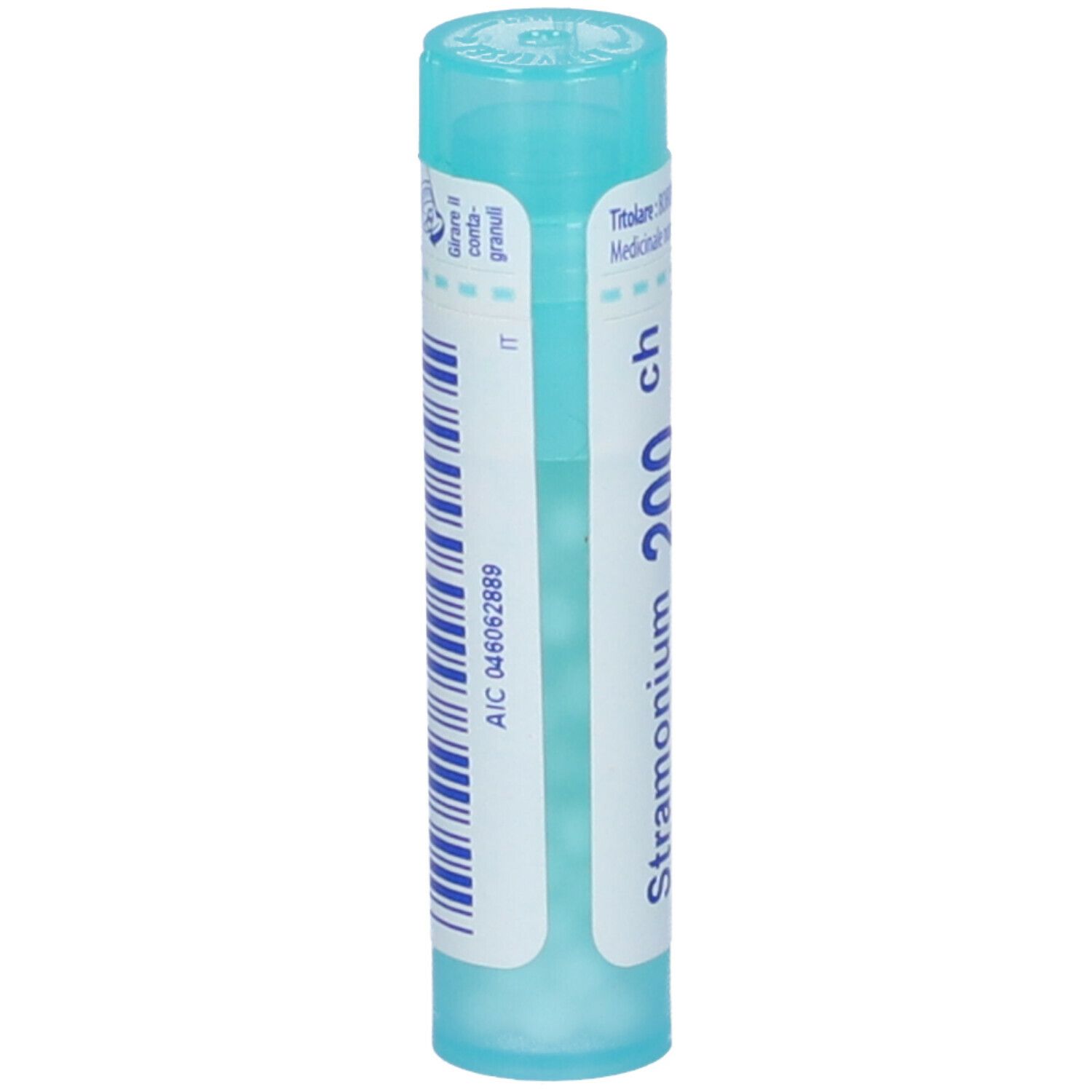 Confezione cilindrica con 'Stramonium 200 ch' e 'Boiron'. Colori turchese e bianco. Con codice a barre e ATC.
