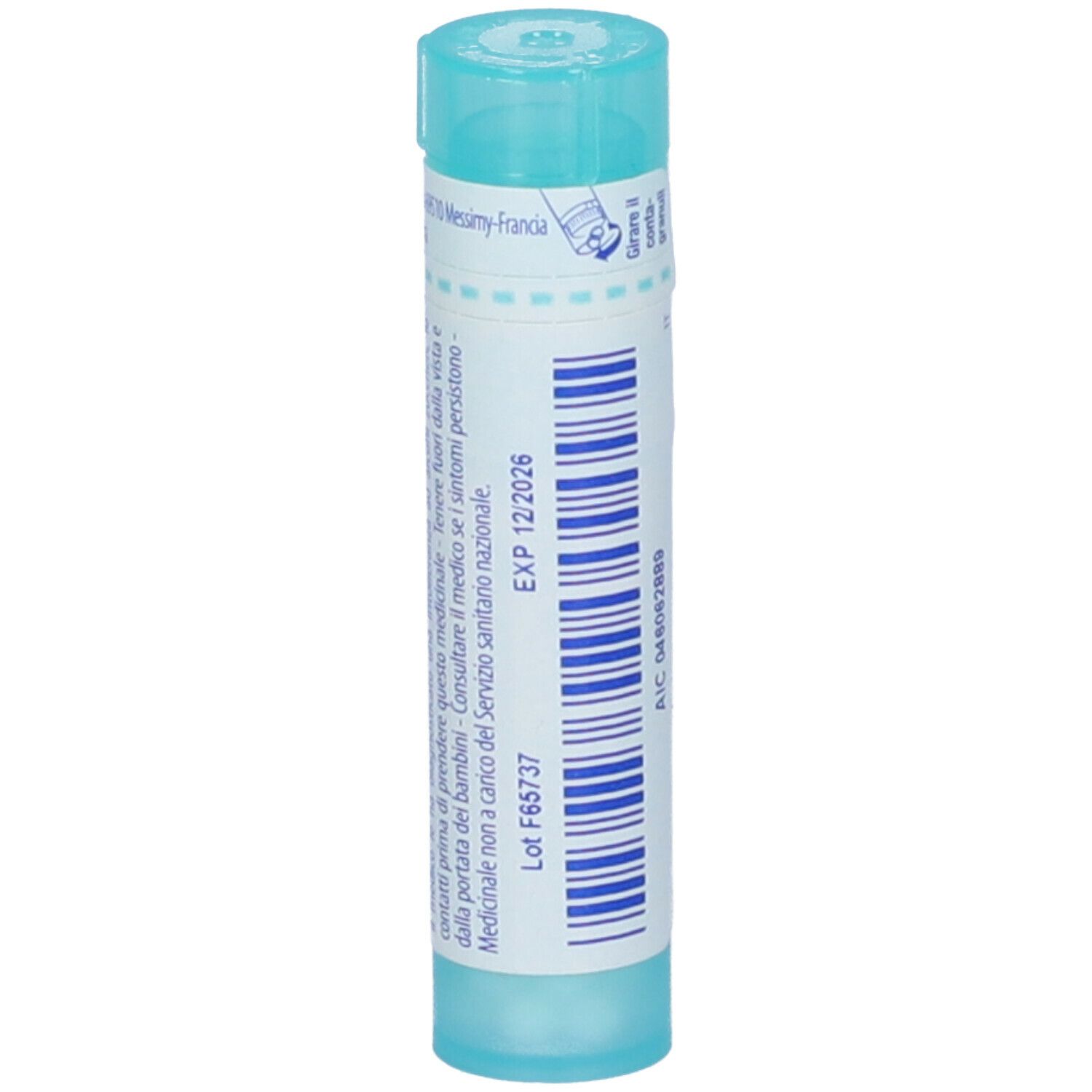 Confezione cilindrica con 'Stramonium 200 ch' e 'Boiron'. Colori turchese e bianco. Con data di scadenza.