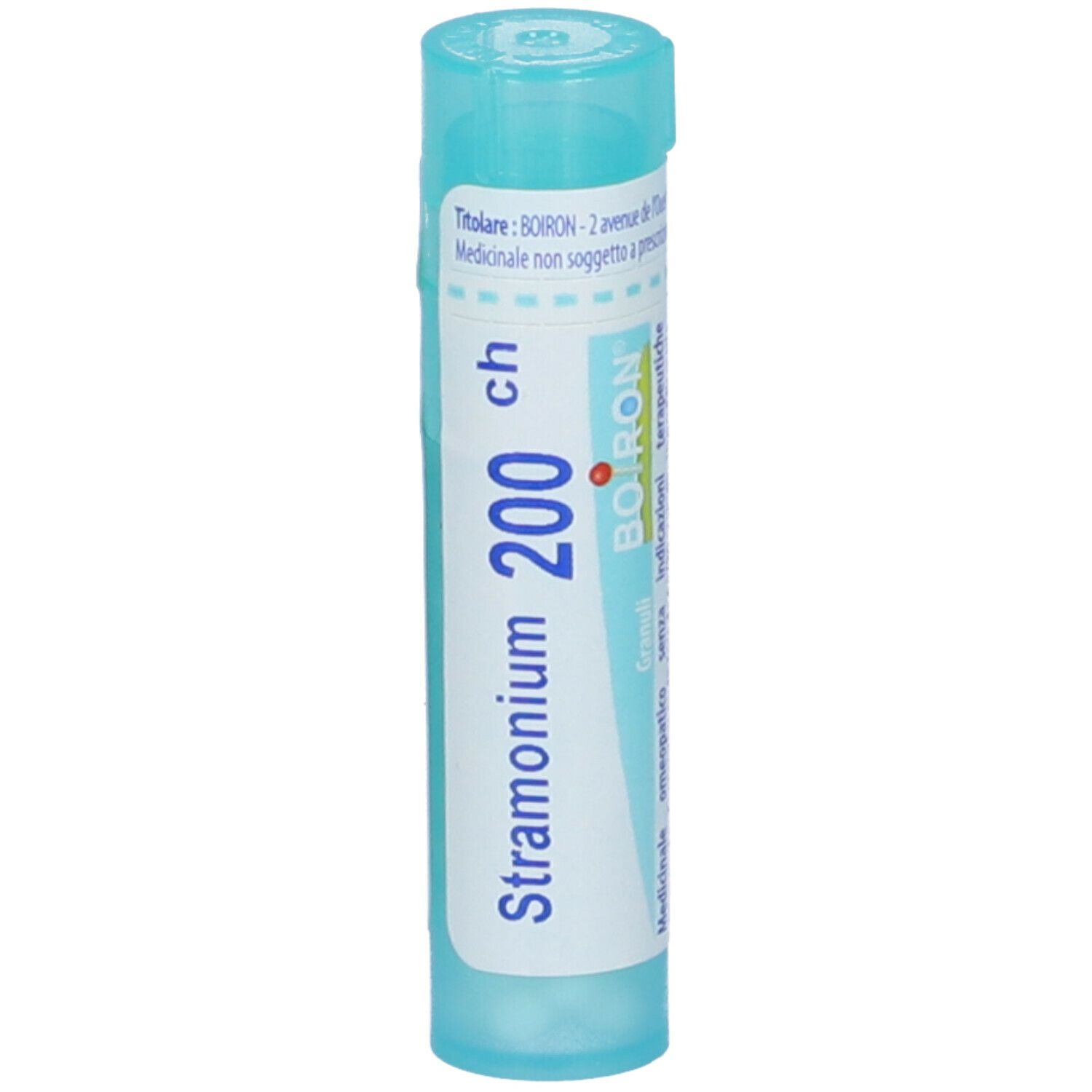 Confezione cilindrica con 'Stramonium 200 ch' e 'Boiron'. Colori turchese e bianco. Con punto rosso.