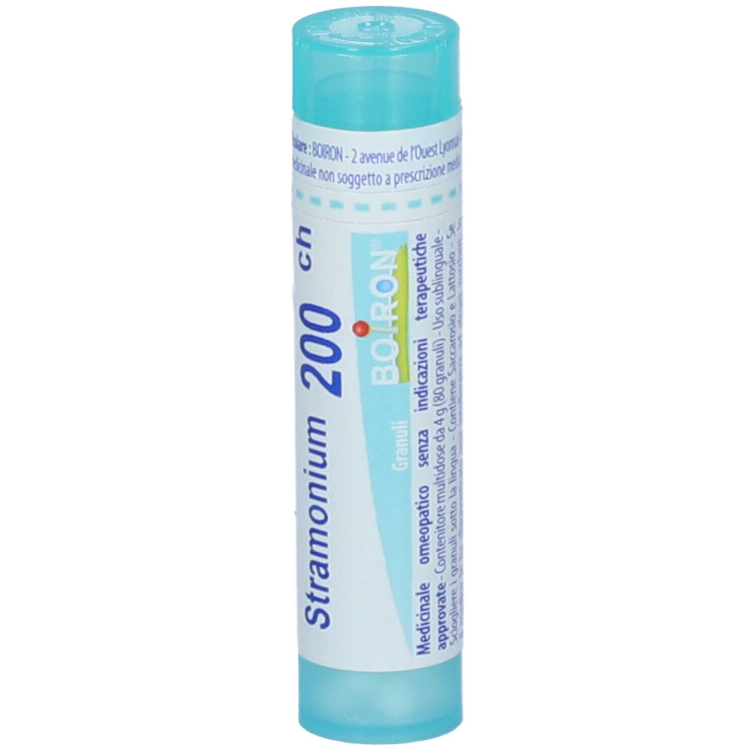 Confezione cilindrica con 'Stramonium 200 ch' e 'Boiron'. Colori turchese e bianco. Con informazioni.