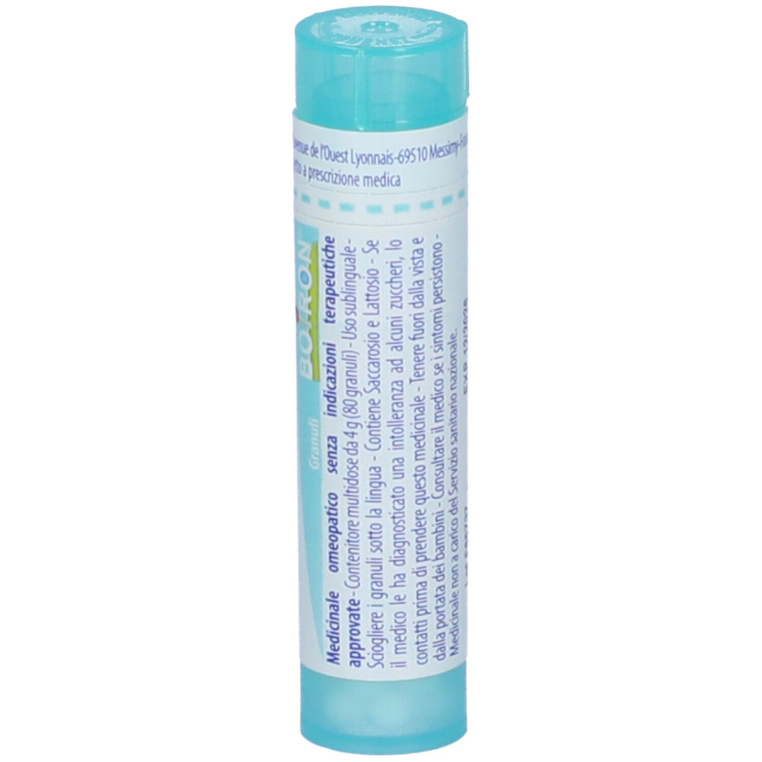 Confezione cilindrica con 'Stramonium 200 ch' e 'Boiron'. Colori turchese e bianco. Con ulteriori informazioni.