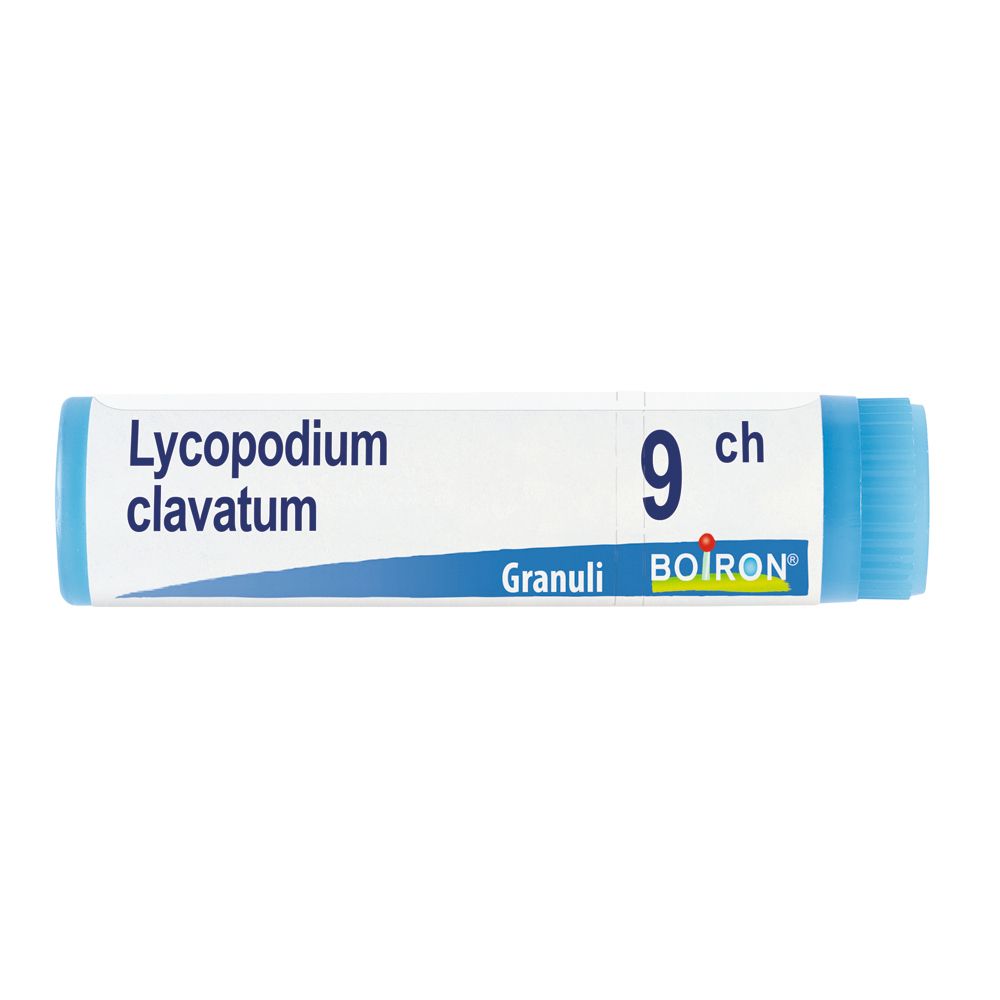 Confezione cilindrica con tappo blu. Scritta: Lycopodium clavatum, 9 ch, Granuli, BOIRON.