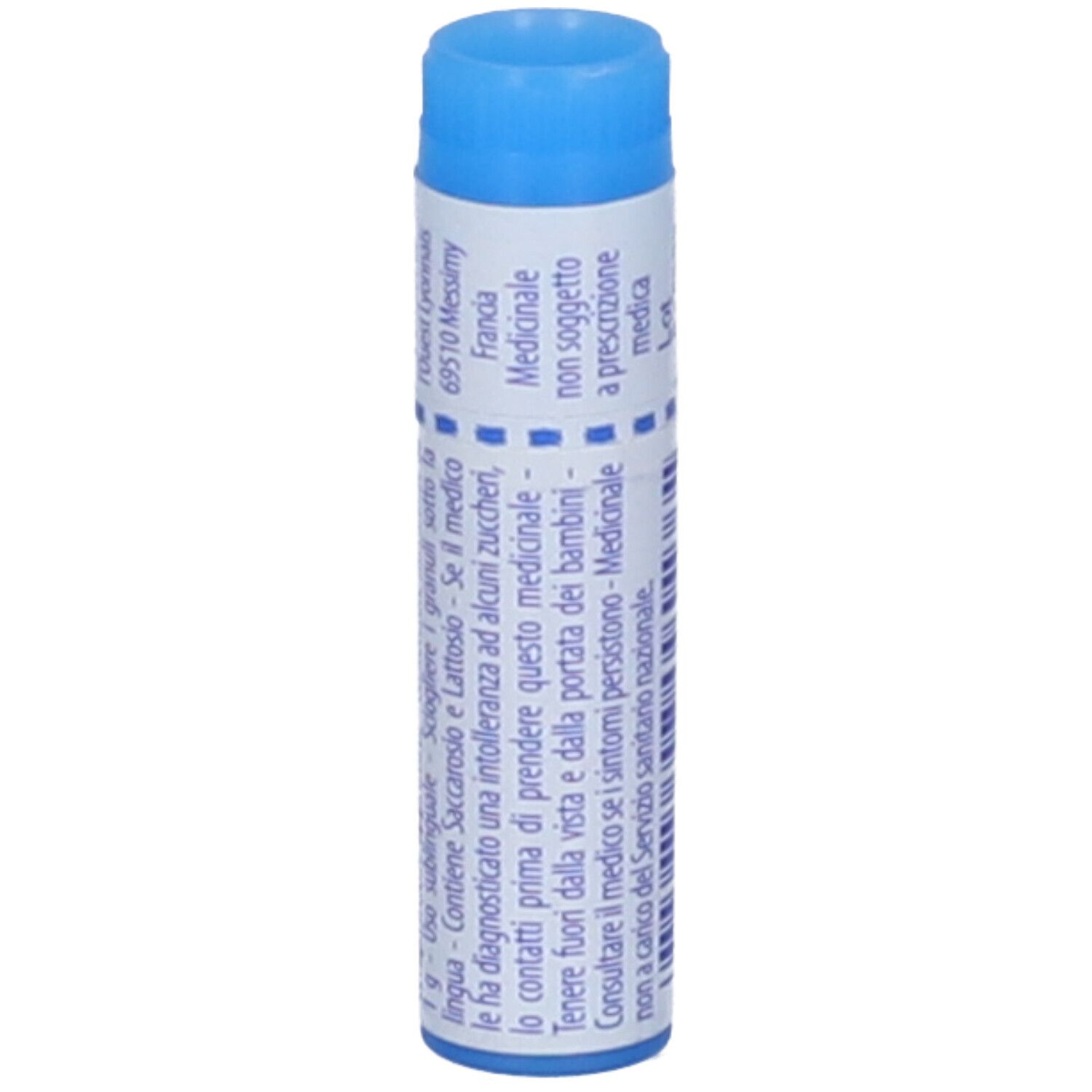 Confezione cilindrica con tappo blu. Scritta: Lycopodium clavatum, 9 ch, BOIRON, EXP 06/2028, AIC 046063083.