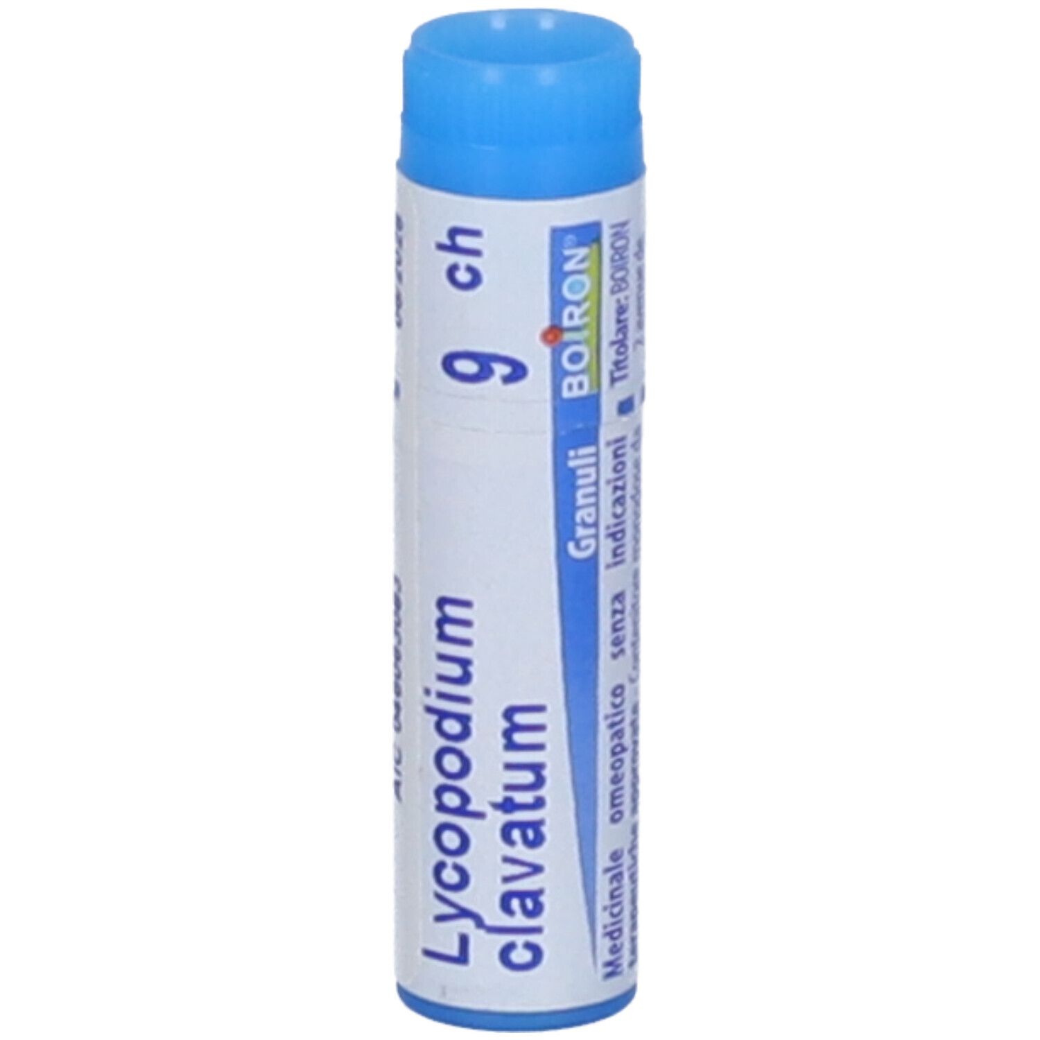 Confezione cilindrica con tappo blu. Scritta: Lycopodium clavatum, 9 ch, BOIRON, EXP 06/2028, AIC 046063083.