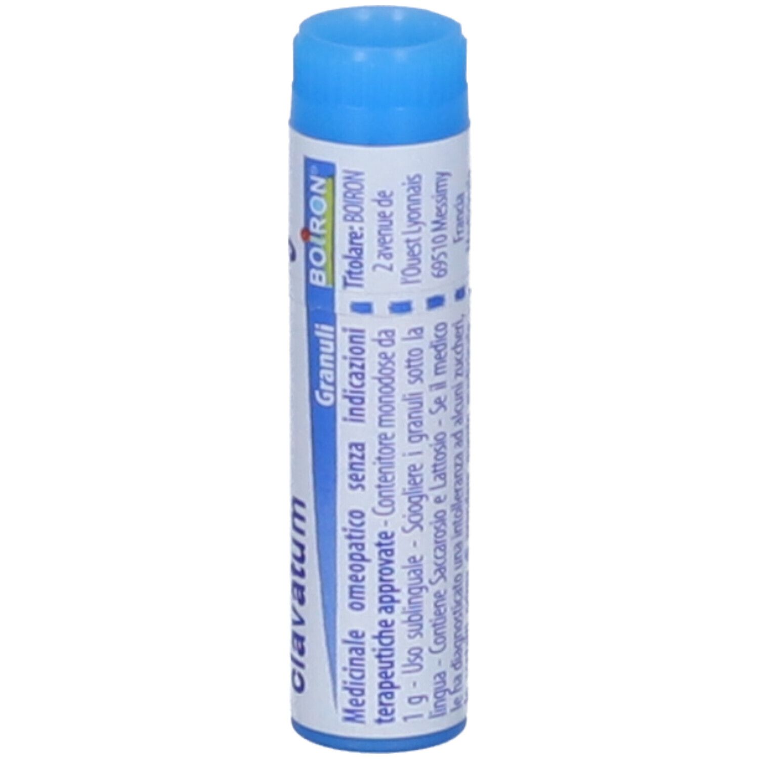 Confezione cilindrica con tappo blu. Scritta: Lycopodium clavatum, 9 ch, BOIRON, EXP 06/2028, AIC 046063083.