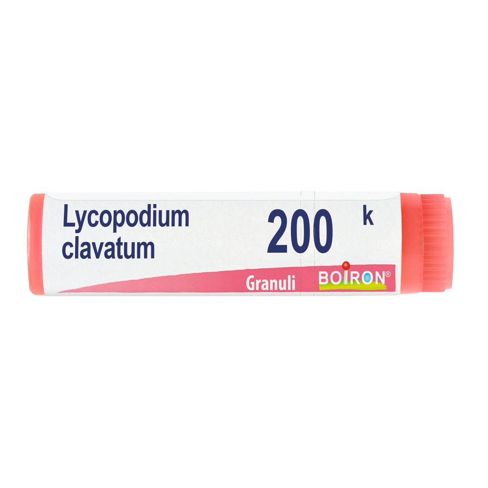 Confezione cilindrica con tappo rosso. Scritta: Lycopodium clavatum, 200 K, Granuli, BOIRON.