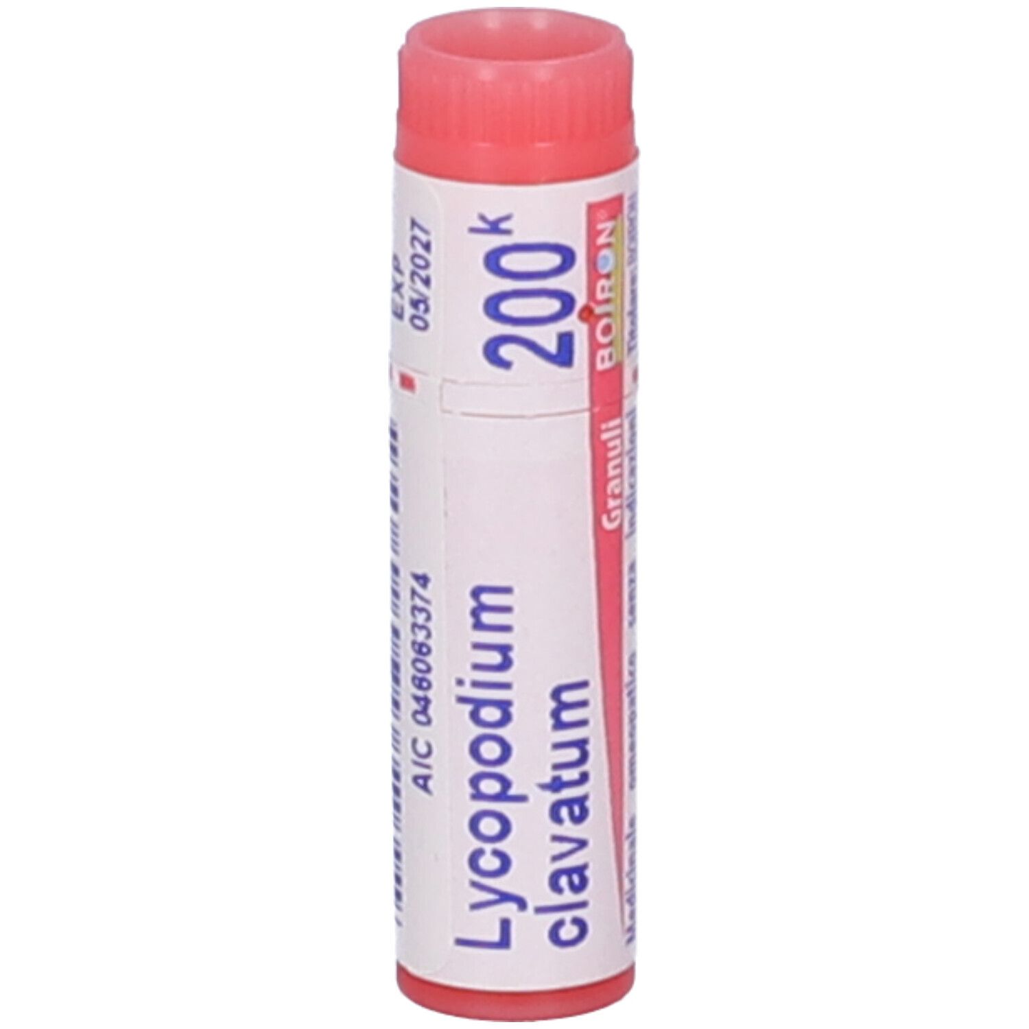 Confezione cilindrica con tappo rosso. Scritta: Lycopodium clavatum, 200k, BOIRON. Scadenza: 05/2027.