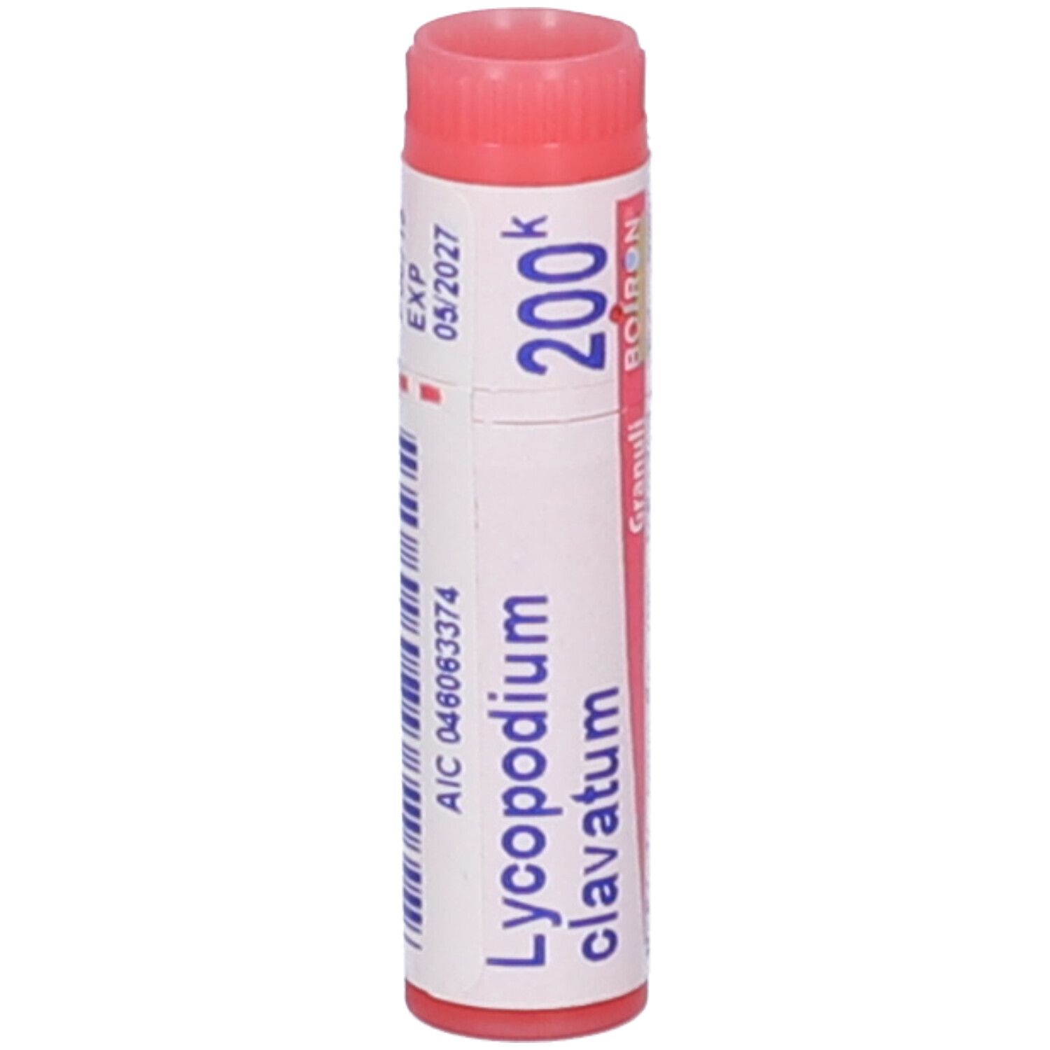 Confezione cilindrica con tappo rosso. Scritta: Lycopodium clavatum, 200k, BOIRON. Scadenza: 05/2027.