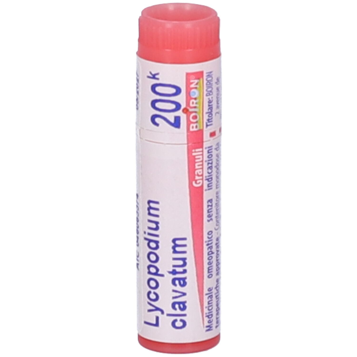 Confezione cilindrica con tappo rosso. Scritta: Lycopodium clavatum, 200k, BOIRON. Ulteriori informazioni e indicazioni.