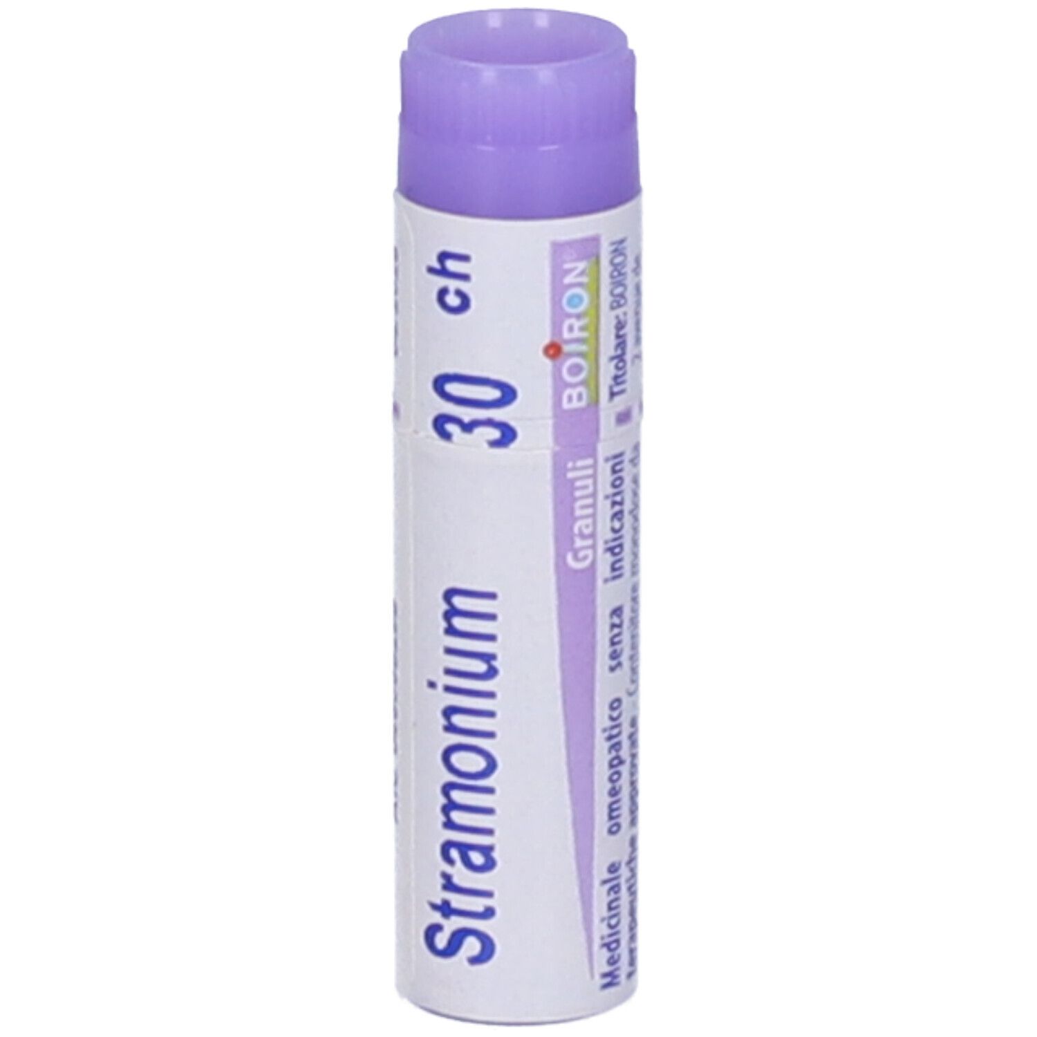 Confezione cilindrica "Stramonium 30 ch". Tappo viola, corpo bianco. Logo BOIRON e testo.