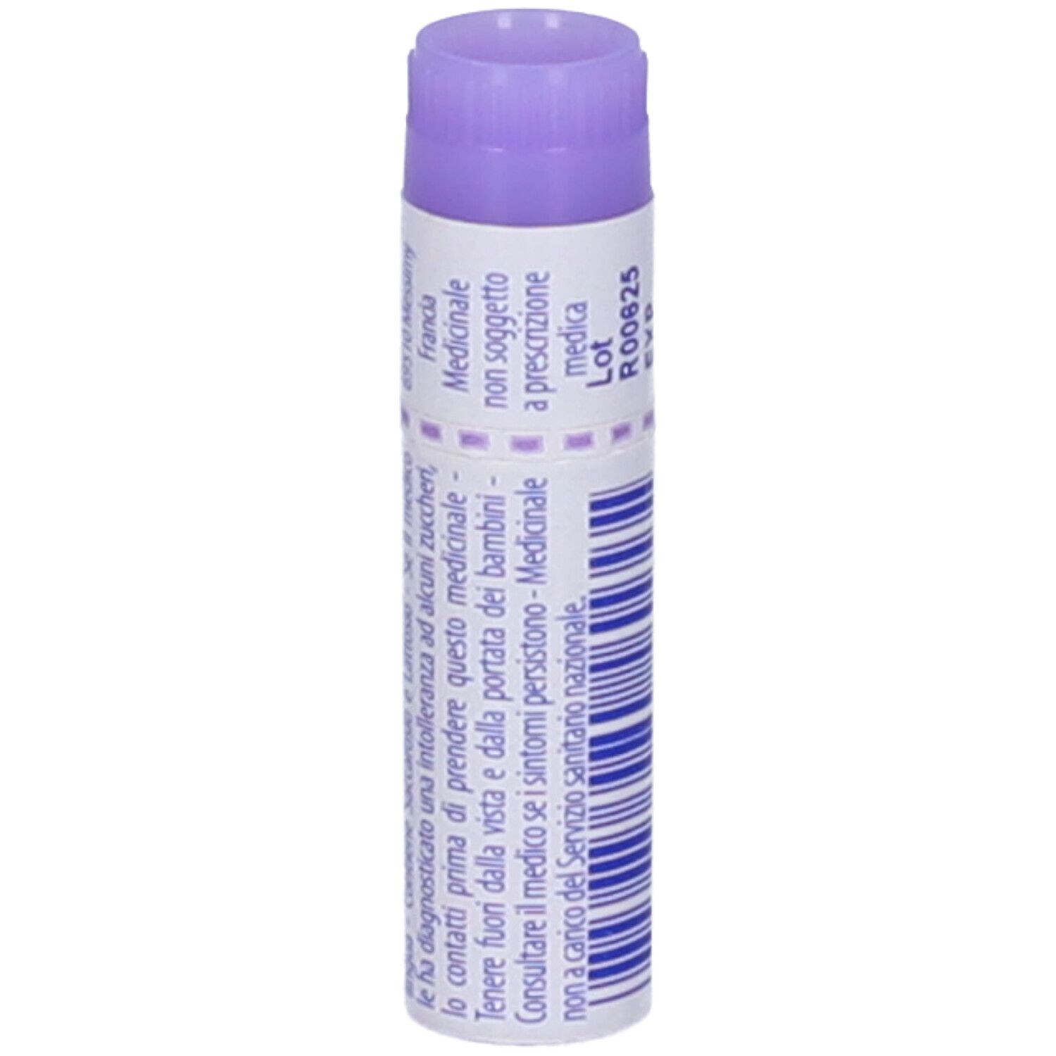 Confezione cilindrica "Stramonium 30 ch". Tappo viola, corpo bianco. Testo e avvertenze.