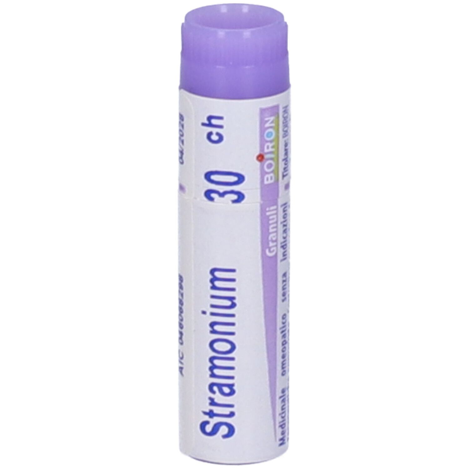 Confezione cilindrica "Stramonium 30 ch". Tappo viola, corpo bianco. Logo BOIRON e testo.