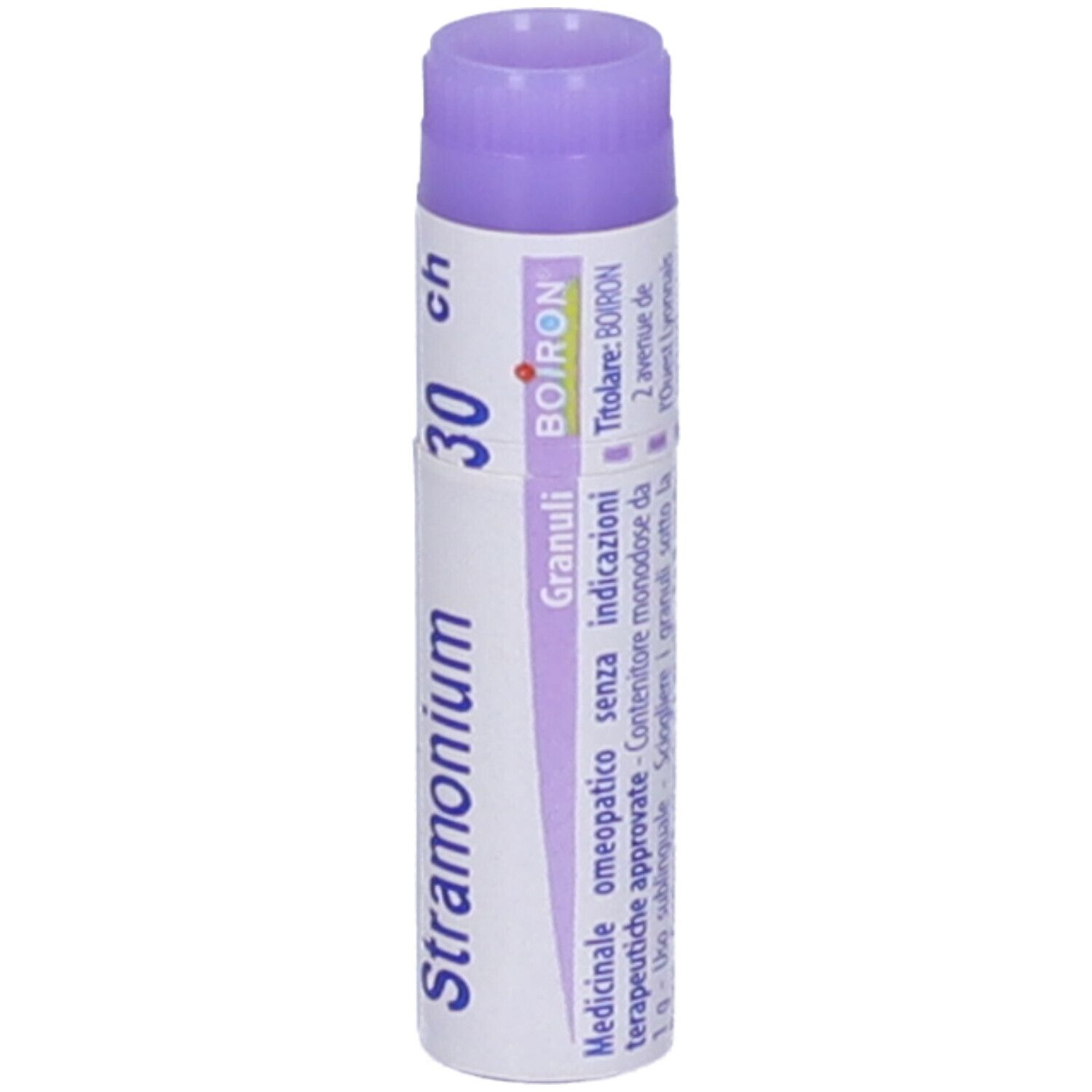 Confezione cilindrica "Stramonium 30 ch". Tappo viola, corpo bianco. Logo BOIRON e testo.