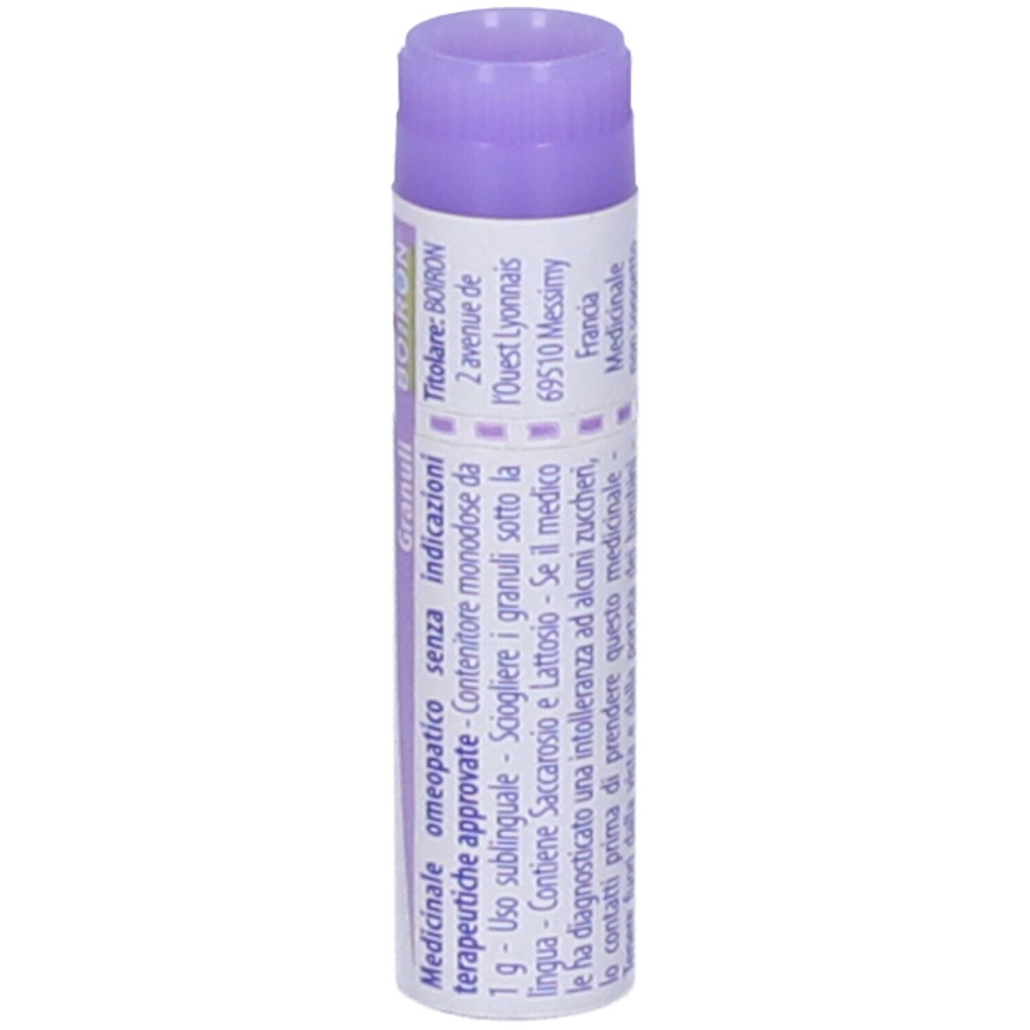 Confezione cilindrica "Stramonium 30 ch". Tappo viola, corpo bianco. Testo e indirizzo.