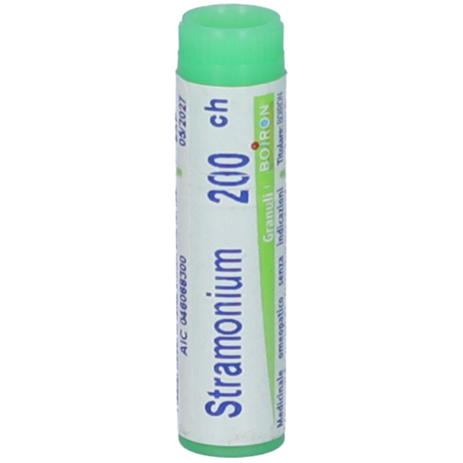 Confezione cilindrica, tappo verde. Scritta: Stramonium 200 ch, BOIRON. Stampato: 05/2027.