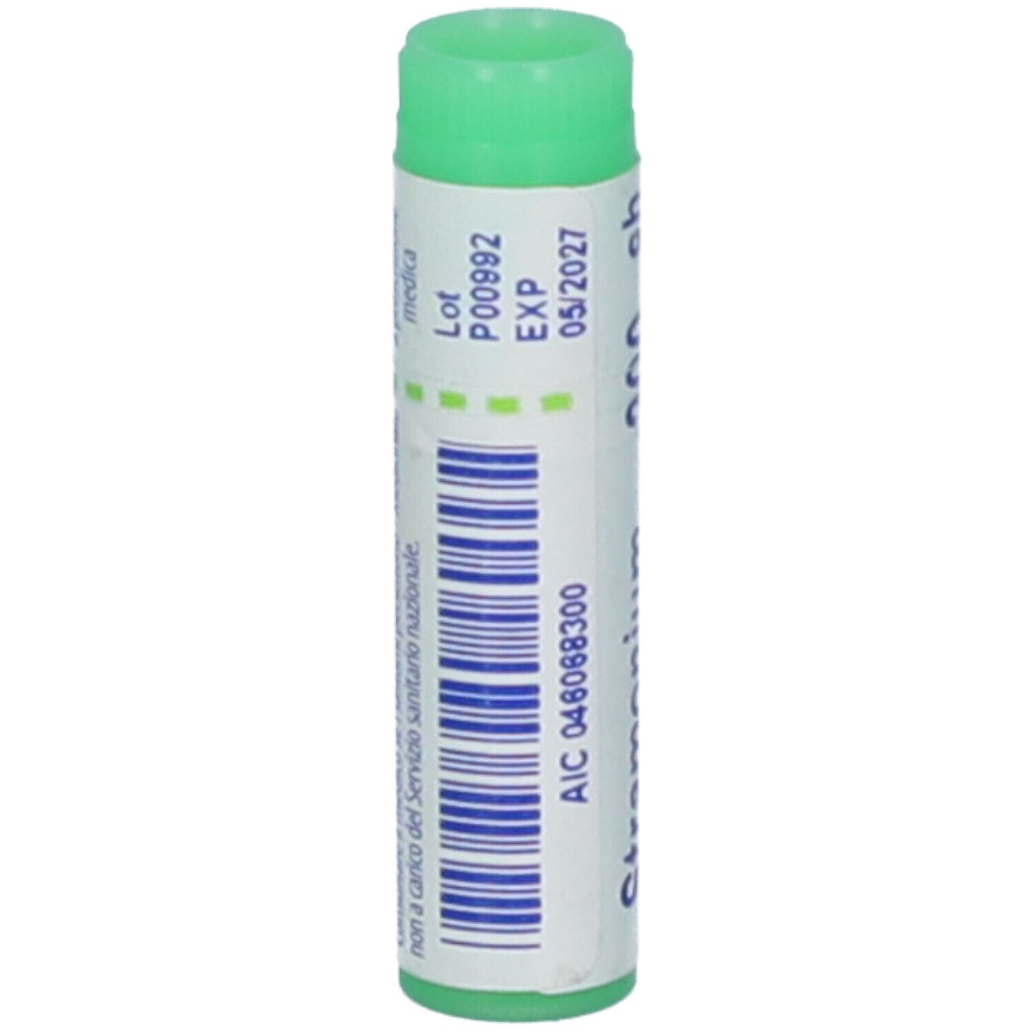 Confezione cilindrica, tappo verde. Scritta: Stramonium 200 ch. Stampati: Lot, EXP 05/2027.