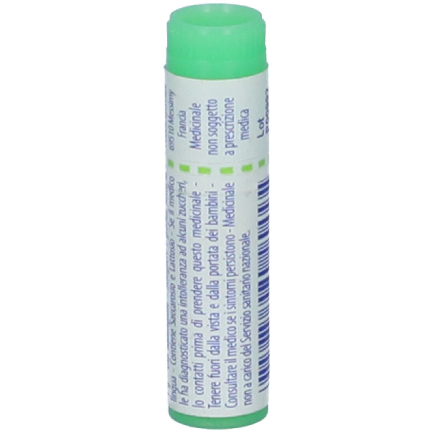 Confezione cilindrica, tappo verde. Scritta: Stramonium 200 ch. Testo in italiano.