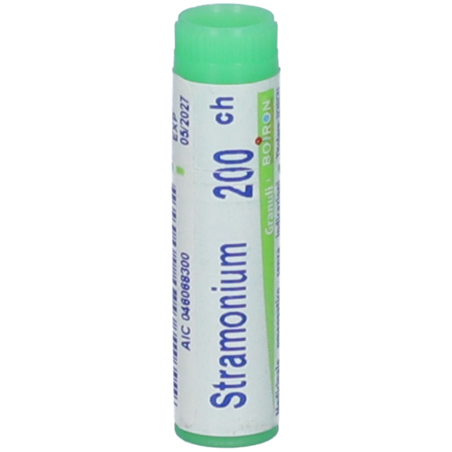 Confezione cilindrica, tappo verde. Scritta: Stramonium 200 ch, BOIRON. Stampato: 05/2027.
