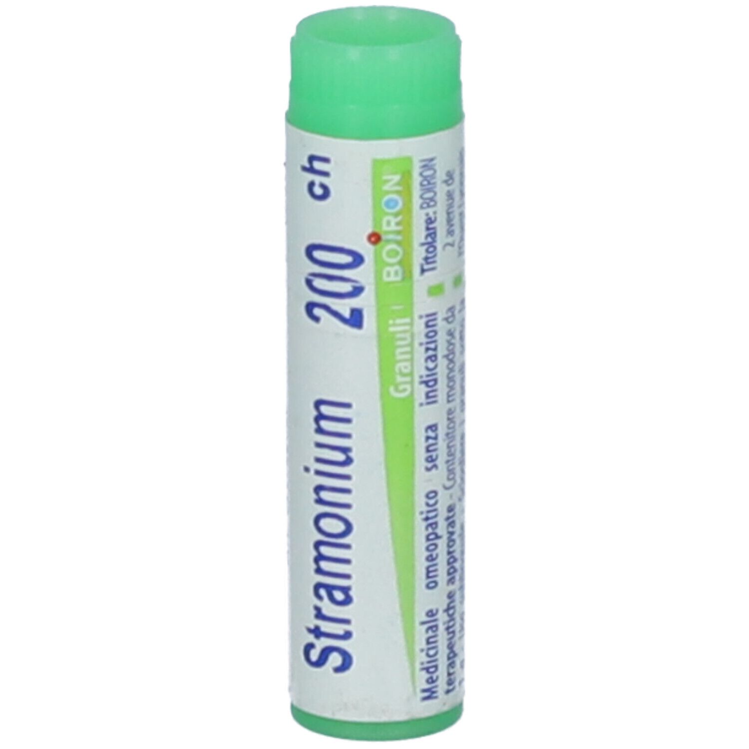 Confezione cilindrica, tappo verde. Scritta: Stramonium 200 ch, BOIRON. Testo in italiano.