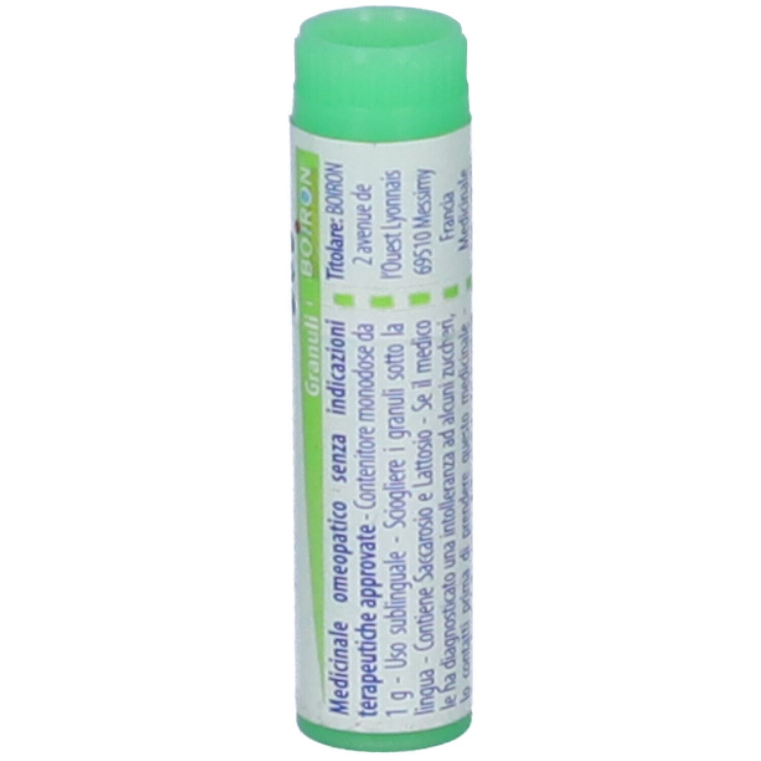 Confezione cilindrica, tappo verde. Scritta: Stramonium, BOIRON. Testo in italiano.