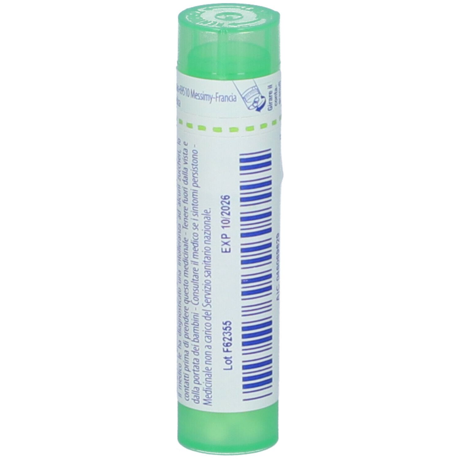 Tubo verde con etichetta bianca. Scritte: informazioni, EXP 10/2026. Scritta: Lot F82355.