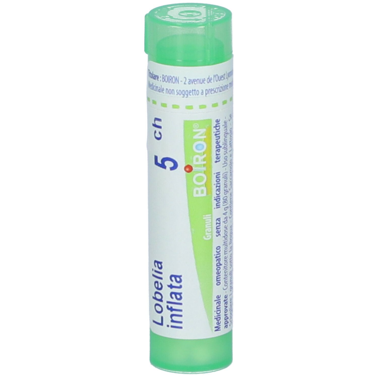 Tubo verde con etichetta bianca. Scritte: Lobelia inflata, 5 ch, BOIRON. Scritta: Granuli.