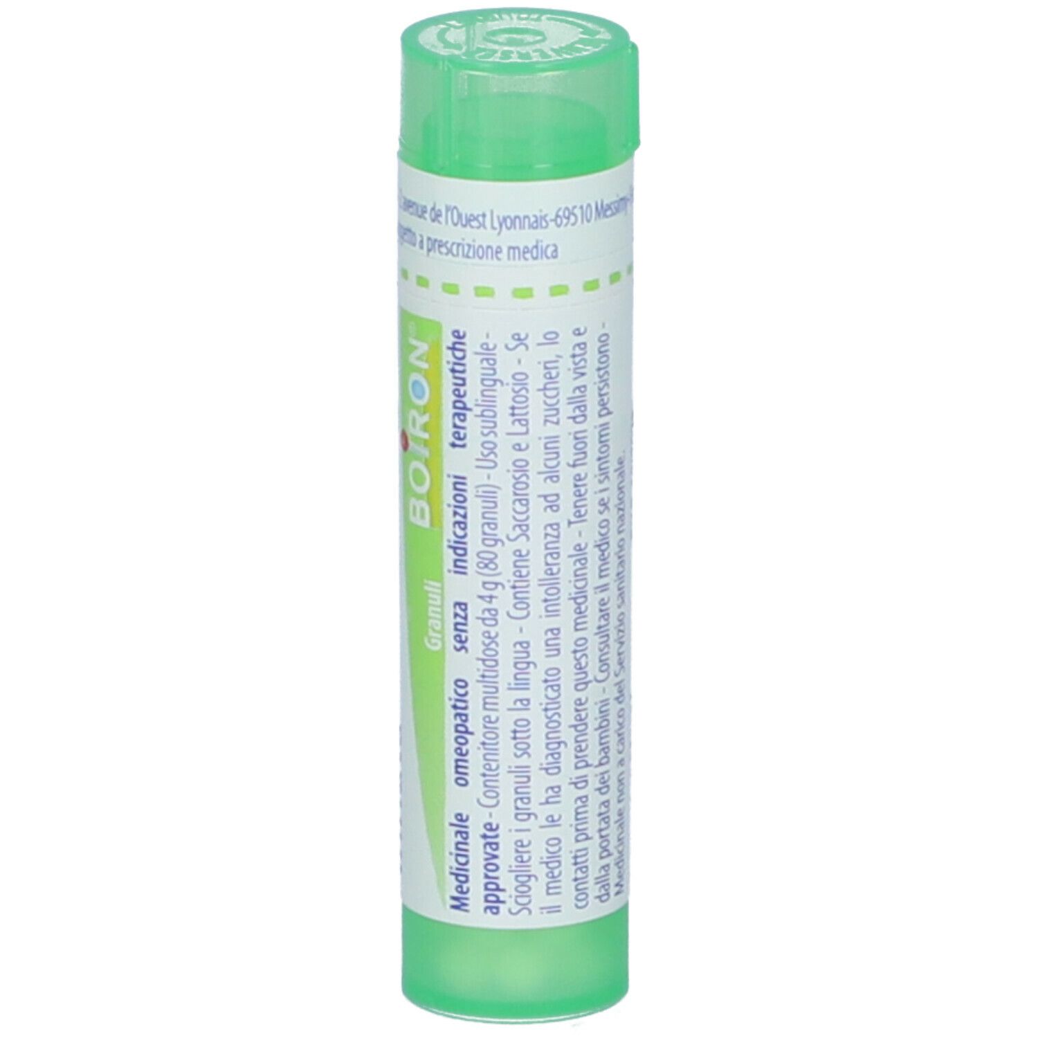 Tubo verde con etichetta bianca. Scritte: Granuli, BOIRON. Scritta: Medicinale, omeopatico.
