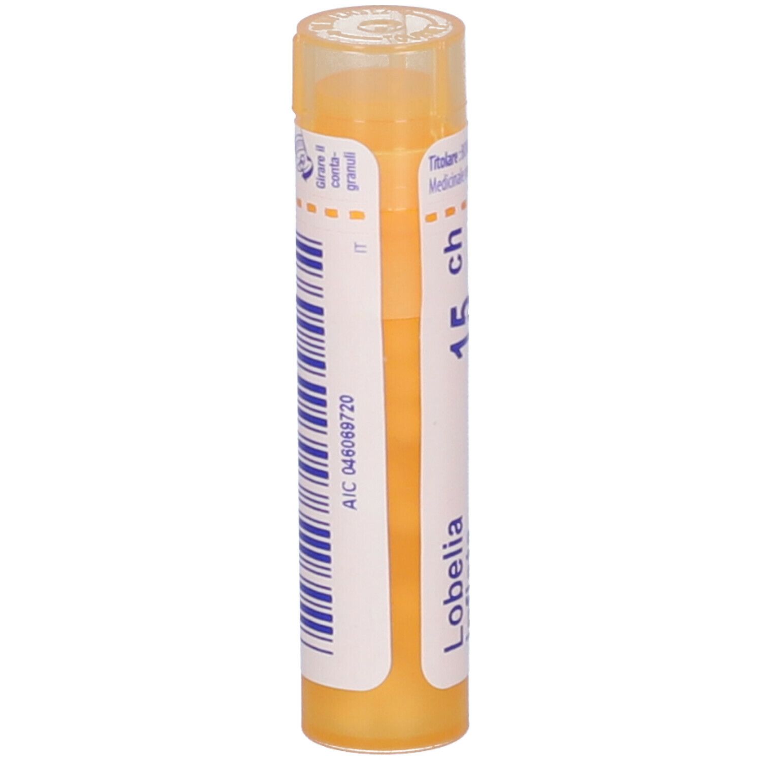 Tubo giallo con scritta Lobelia inflata, 15 ch, Boiron. Con codice a barre e AIC.