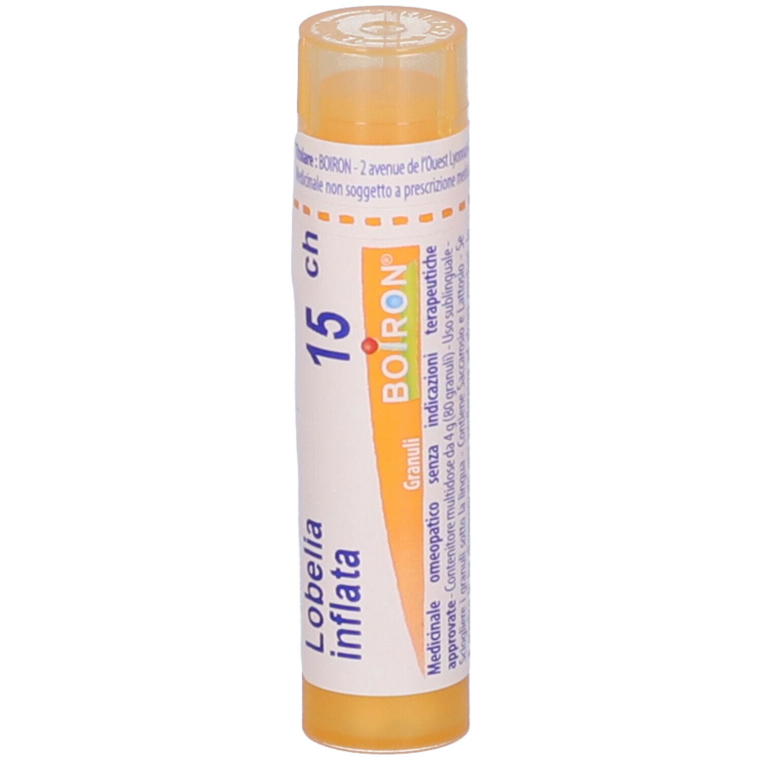 Tubo giallo con scritta Lobelia inflata, 15 ch, Boiron. Con logo Boiron.
