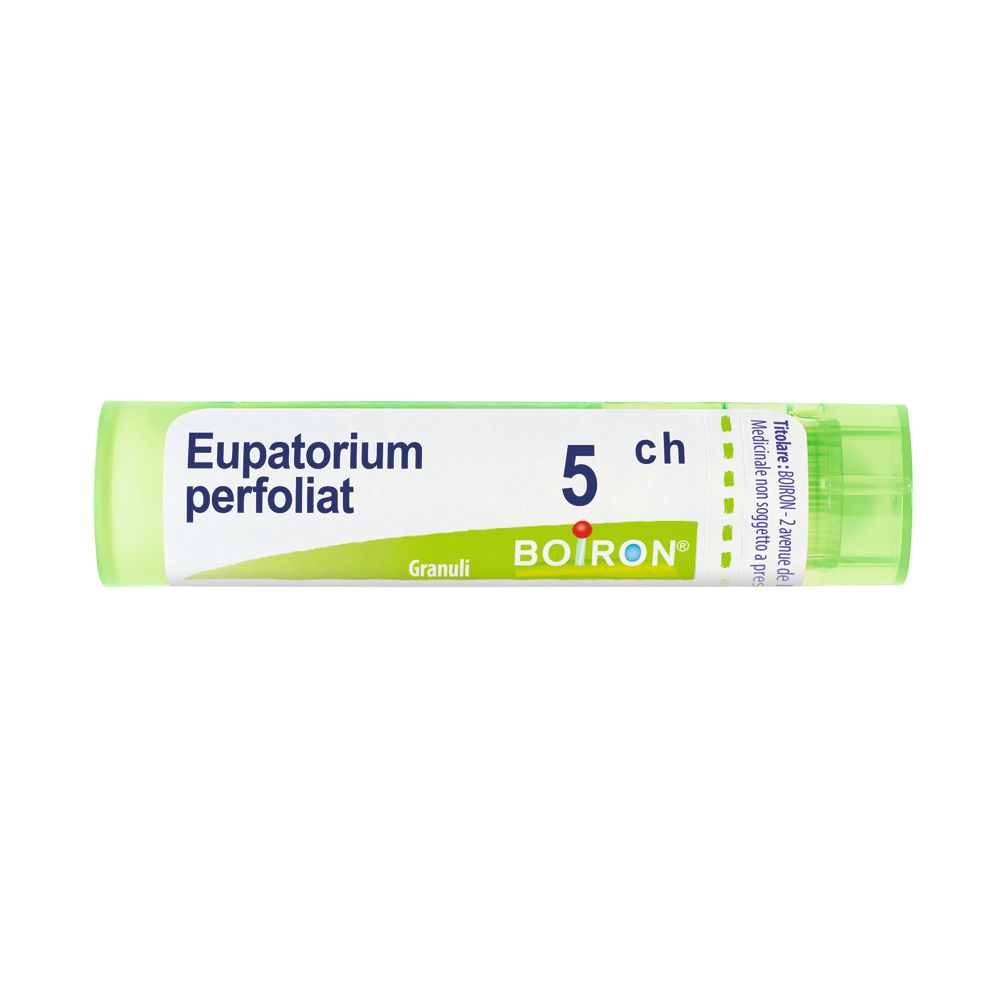 Contenitore cilindrico verde con etichetta bianca. Scritta: Eupatorium perfoliatum 5 ch, BOIRON. Granuli.