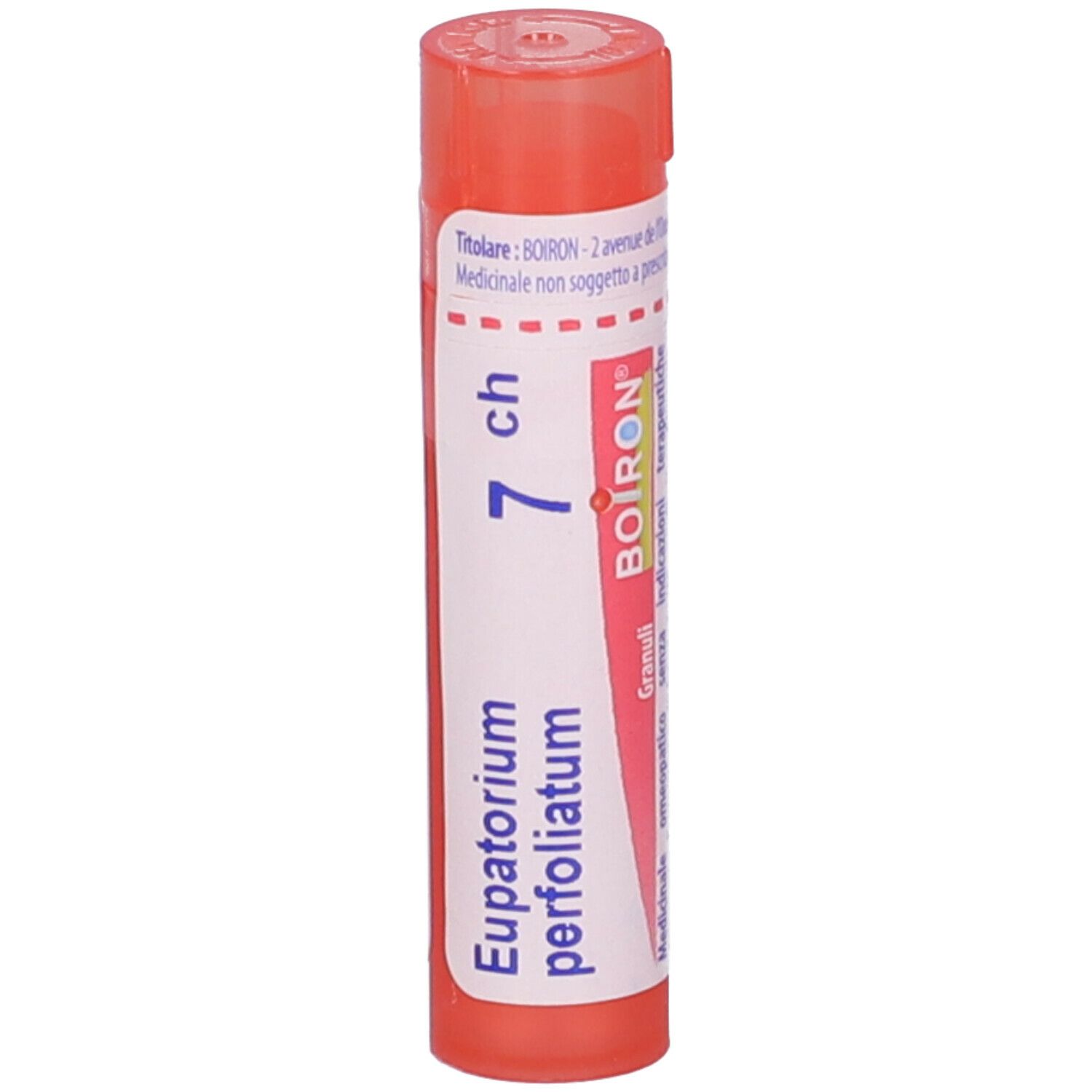 Confezione cilindrica rossa. Scritta Eupatorium perfoliatum 7 ch e logo Boiron. Granuli.