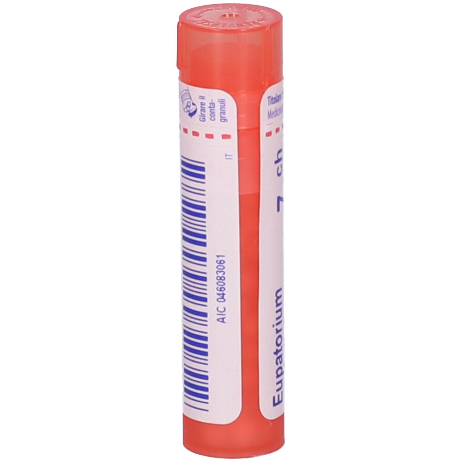 Confezione cilindrica rossa. Scritta Eupatorium e 7 ch. Etichette blu e bianche.