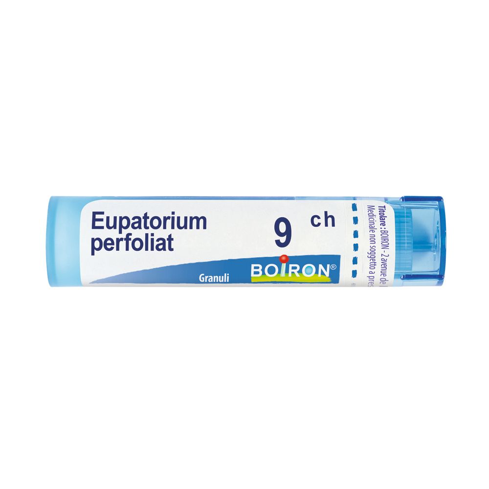 Tubo blu e bianco con Eupatorium perfoliatum 9 ch, logo BOIRON. Granuli.