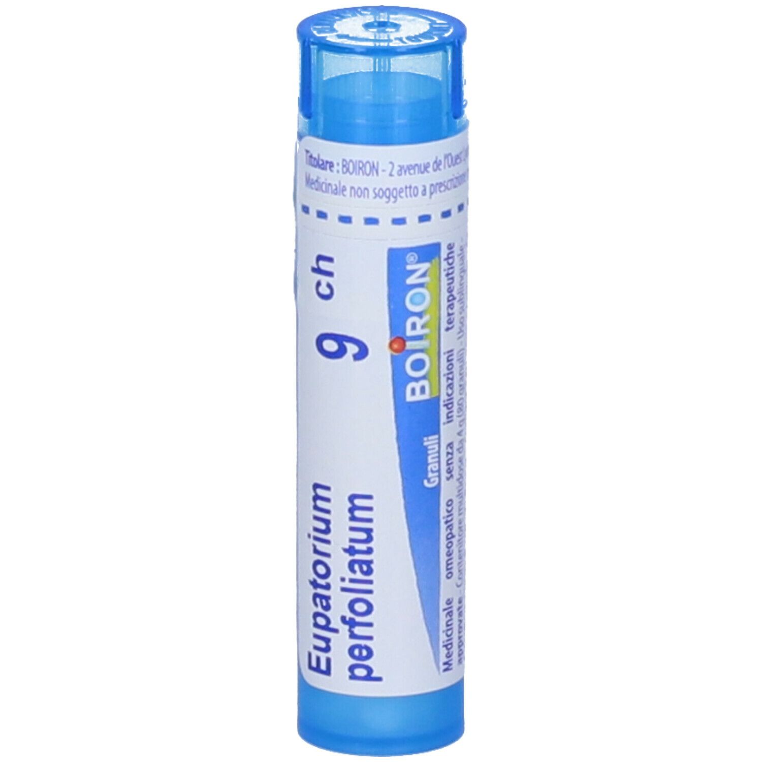 Tubo blu con etichetta bianca. Eupatorium perfoliatum 9 ch, logo BOIRON. Granuli.