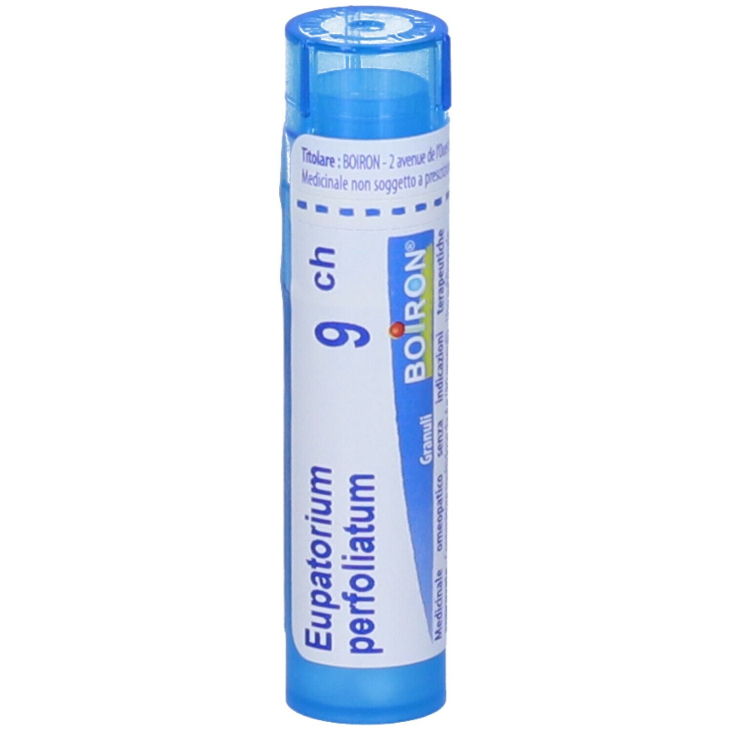Tubo blu con etichetta bianca. Eupatorium perfoliatum 9 ch, logo BOIRON. Granuli.