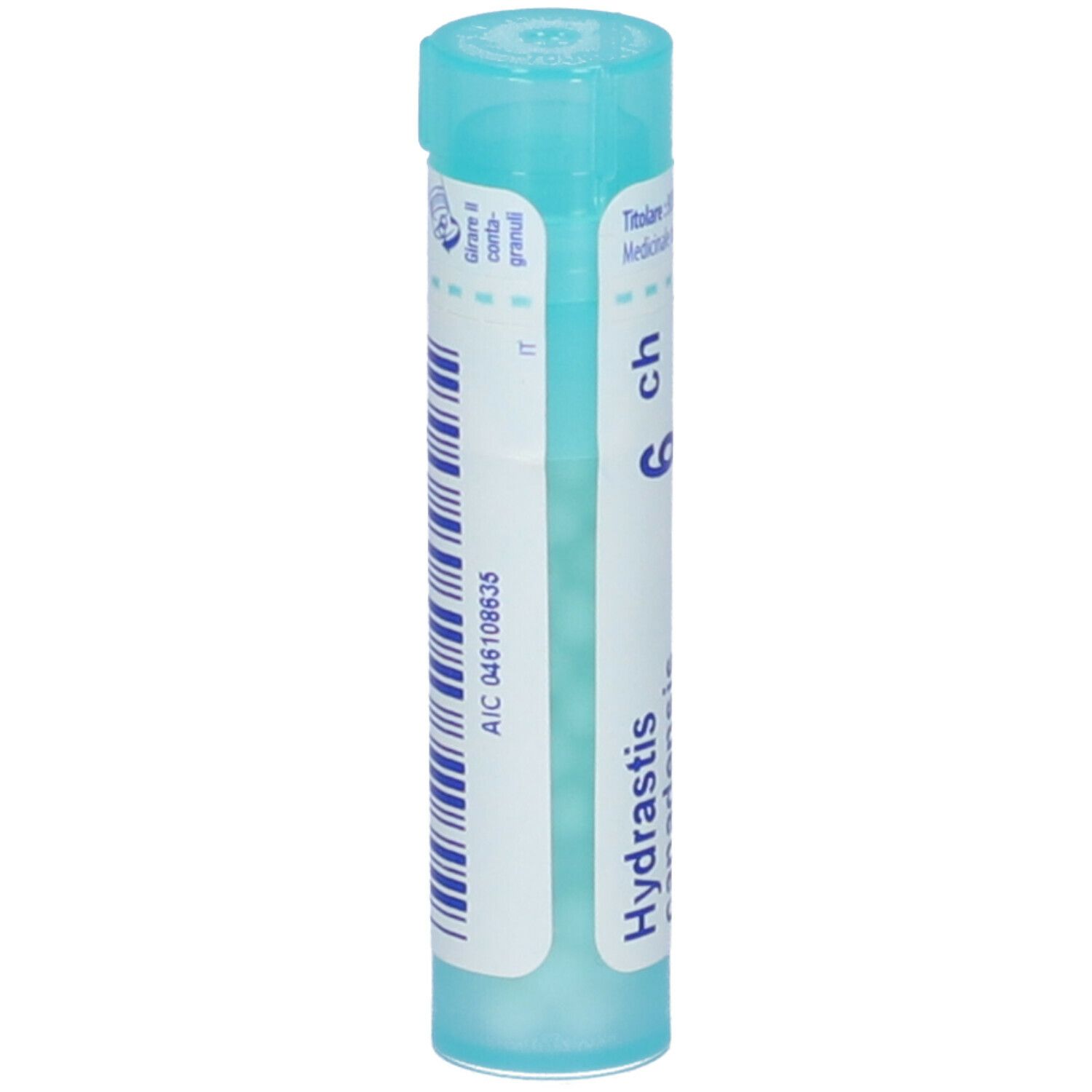Confezione cilindrica azzurra con etichetta bianca. Scritta: Hydrastis, 6 ch. Codice a barre e codice AIC.