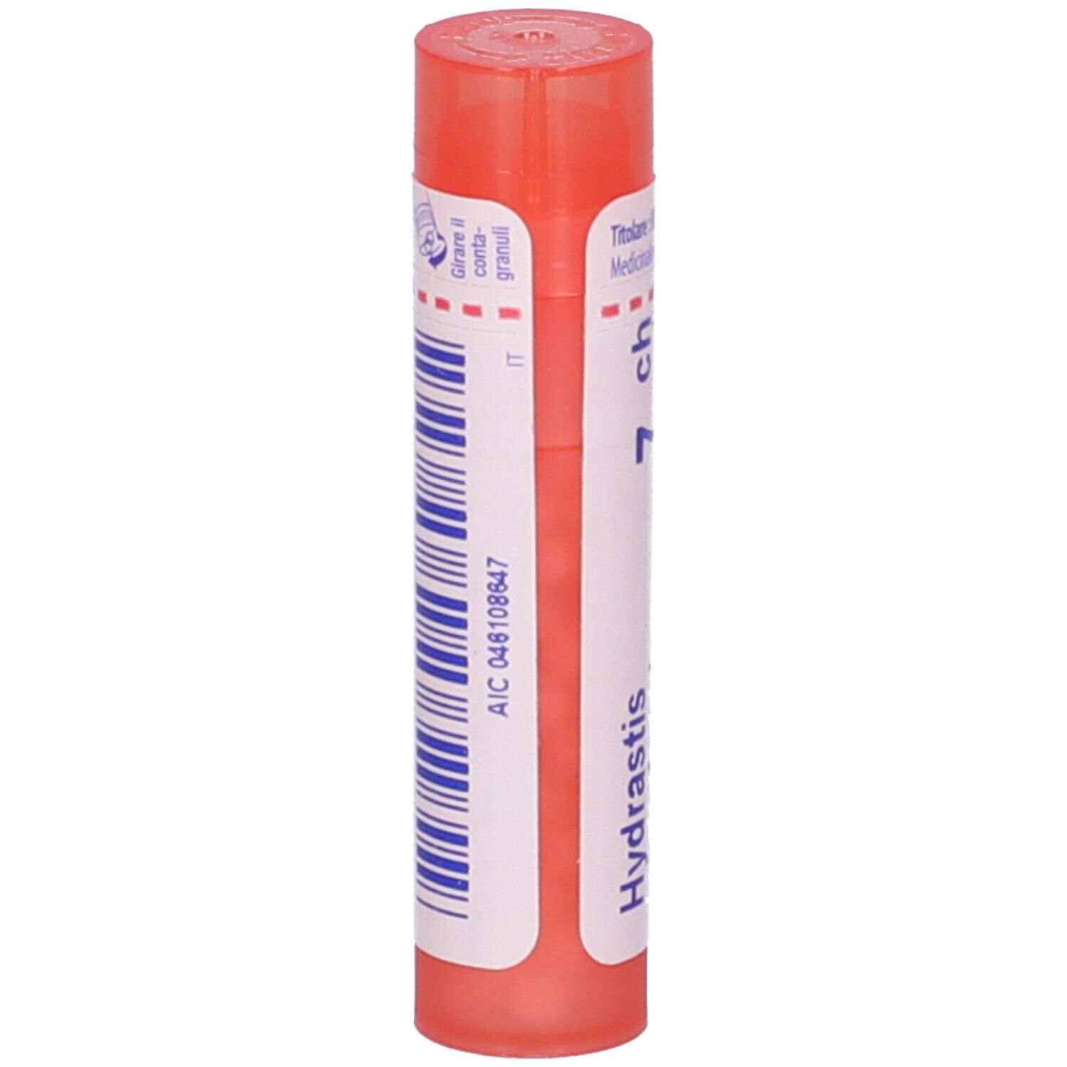 Confezione cilindrica rosa. Scritta: AIC 046108647, strisce blu.
