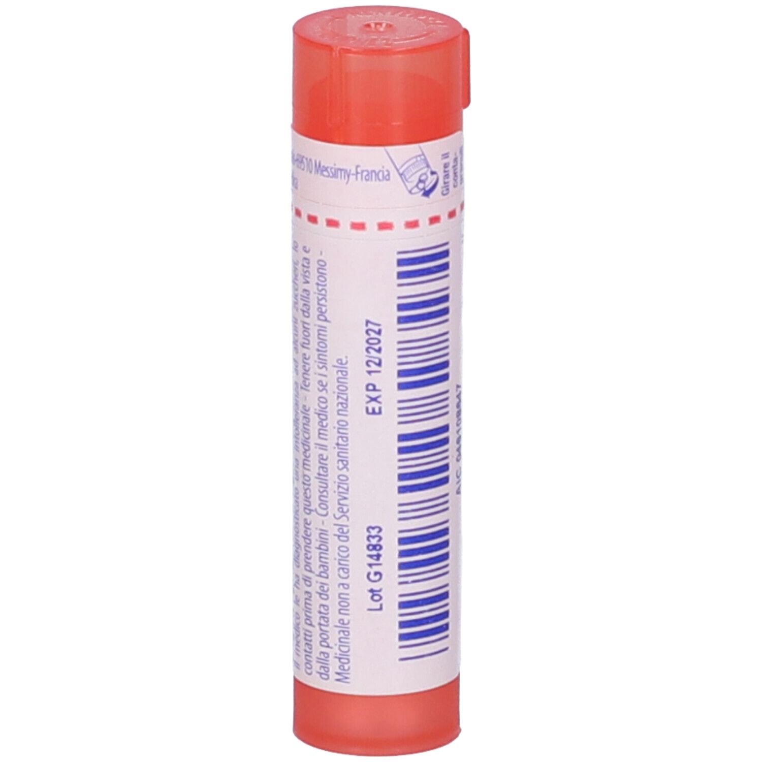 Confezione cilindrica rosa. Scritta: EXP 12 2027, Lot G14833.