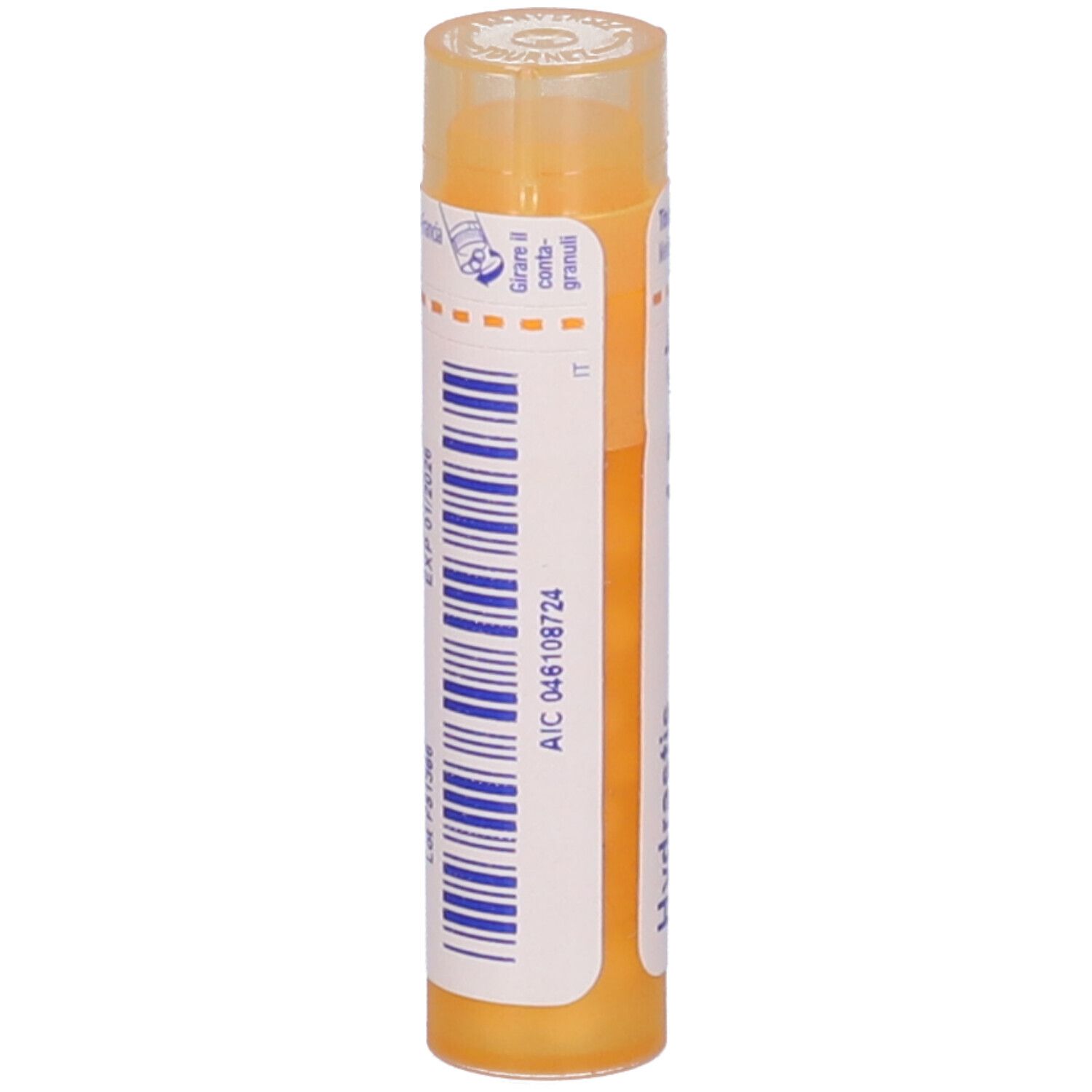 Flacone cilindrico giallo con etichetta bianca e codice a barre. Scritta: AIC 046108724.