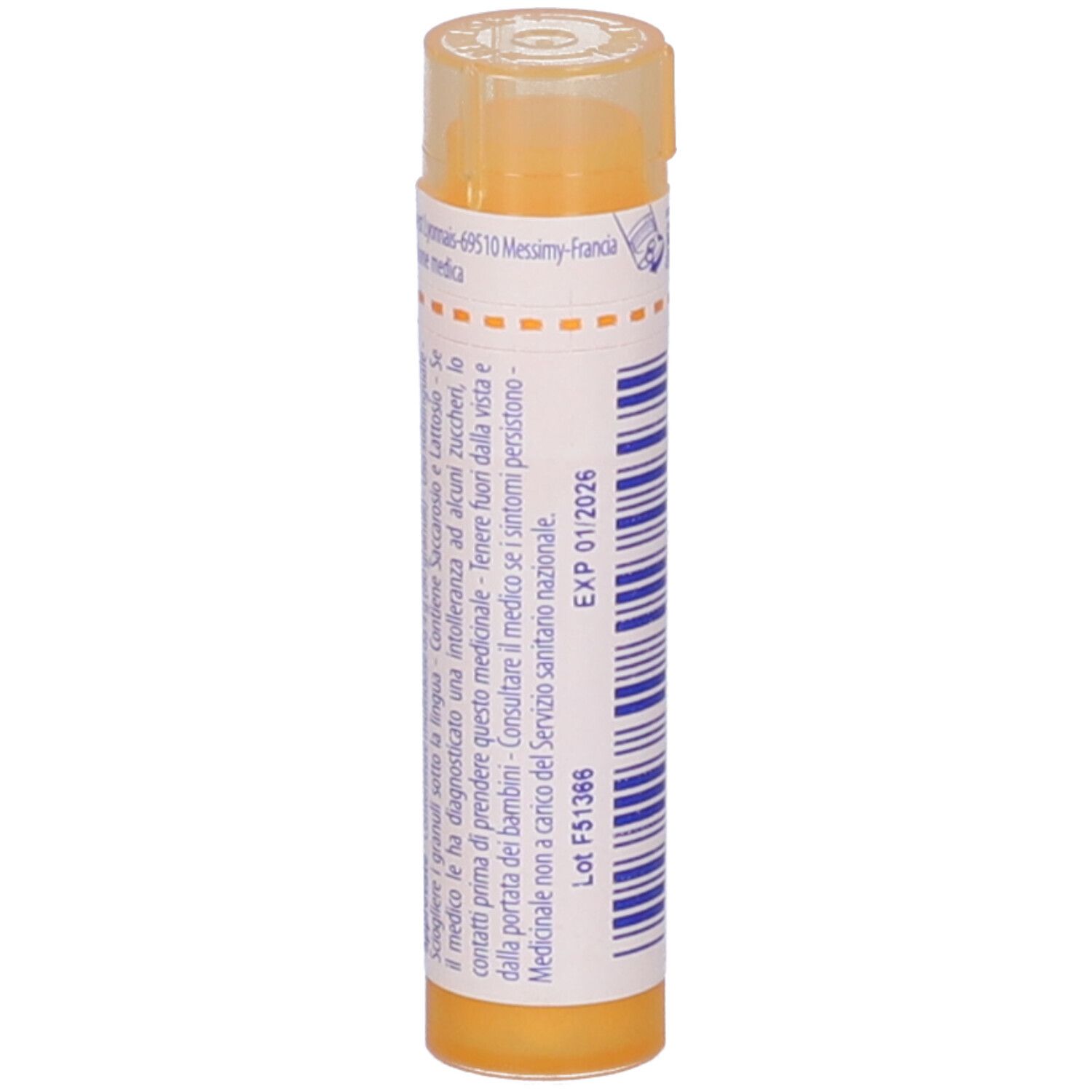 Flacone cilindrico giallo con etichetta bianca. Scritta: EXP 01/2026, Lot F51366.