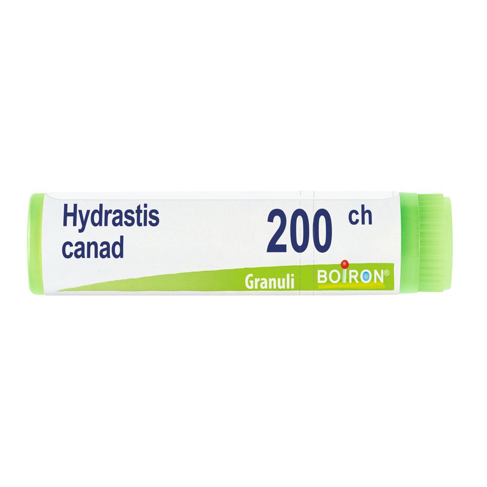 Contenitore monodose cilindrico bianco, estremità verdi. Scritta: Hydrastis canad, 200 ch, Granuli, Boiron.