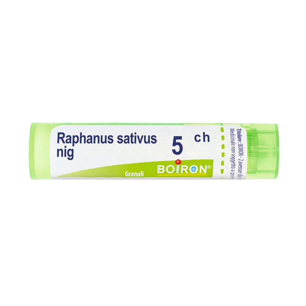 Tubo verde con scritte bianche. Scritte: Raphanus sativus nig 5 ch, Granuli, BOIRON.