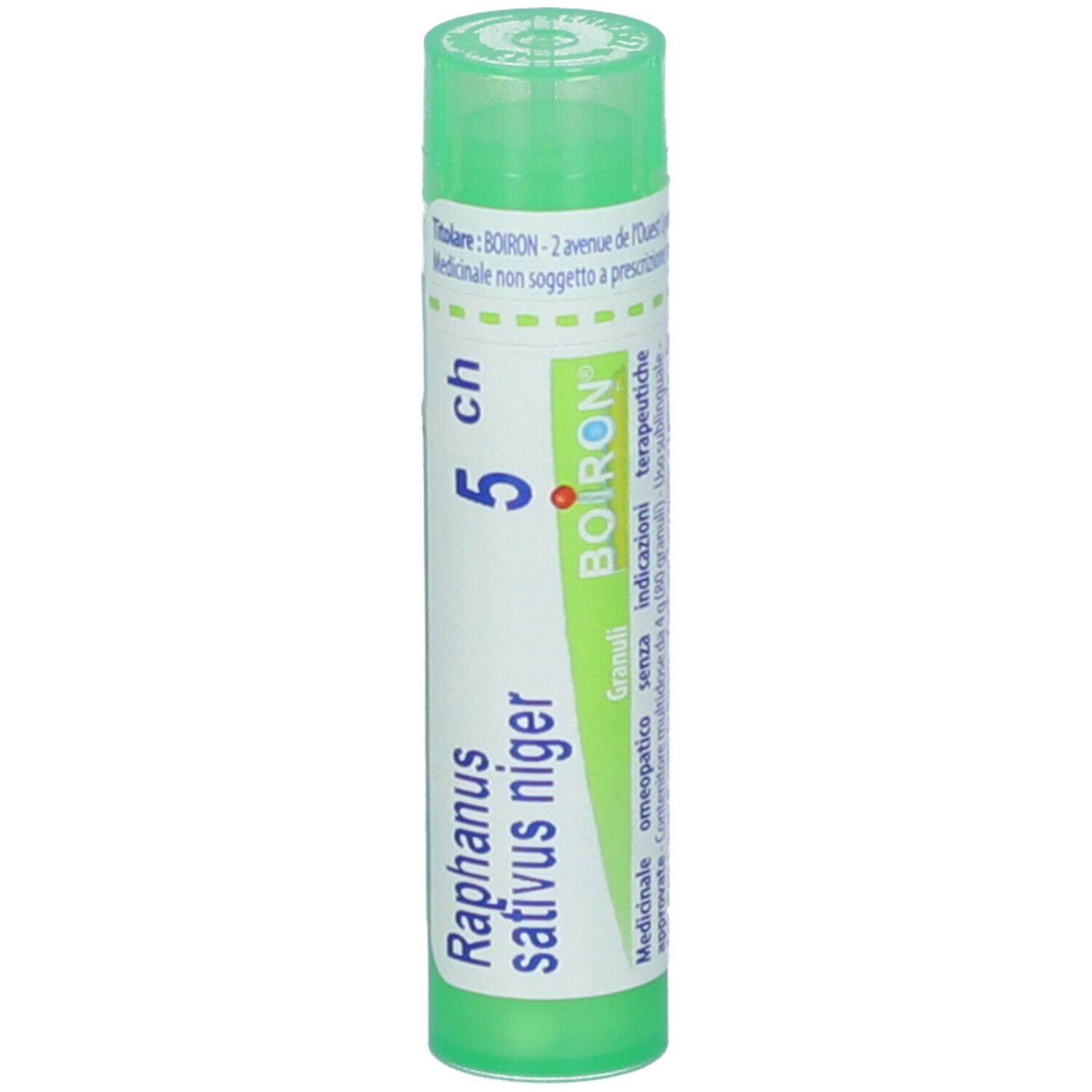 Tubo verde con scritte bianche. Scritte: Raphanus sativus niger 5 ch, BOIRON. Granuli.